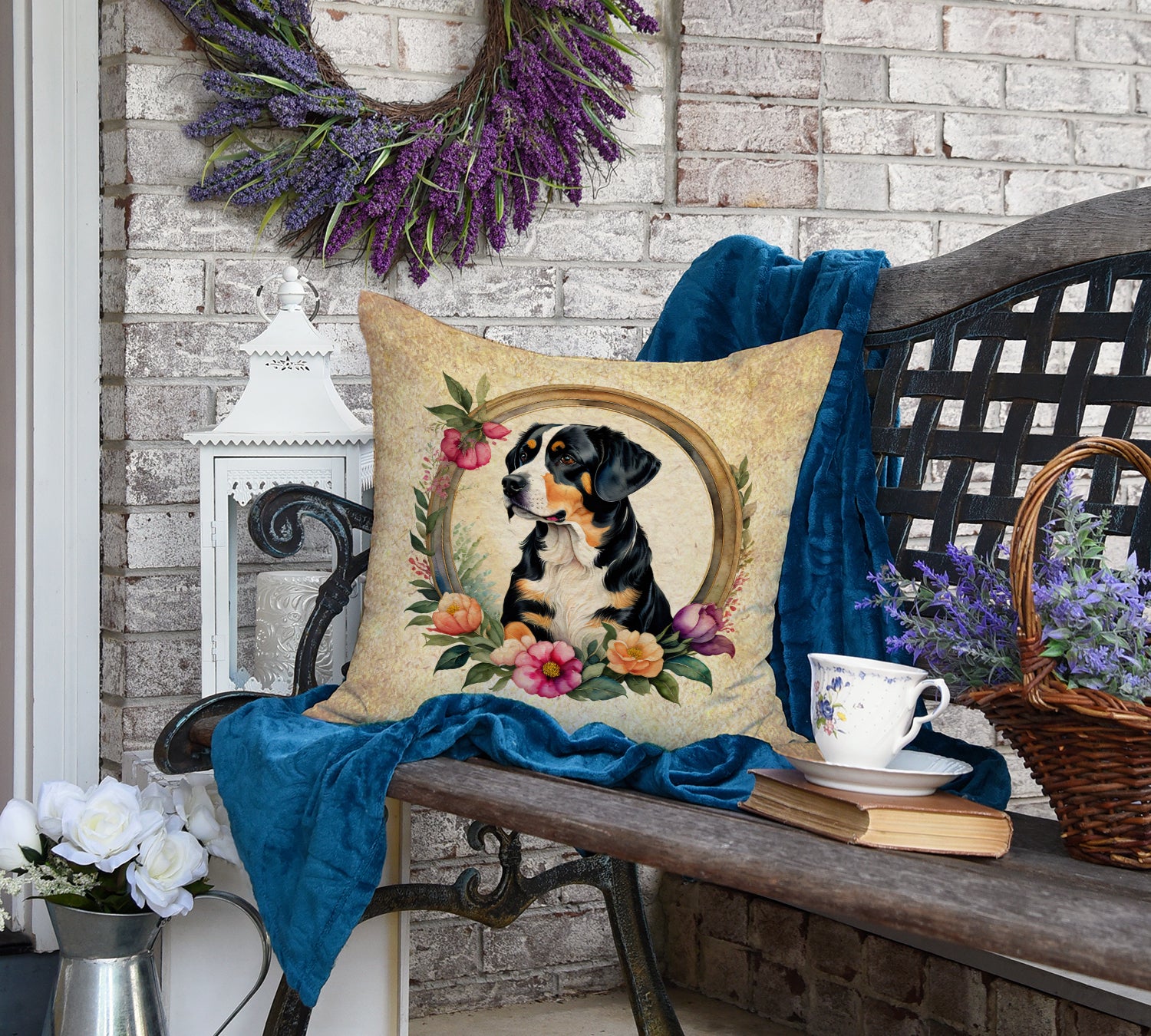 Entlebucher Mountain Dog and Flowers Fabric Decorative Pillow  the-store.com.