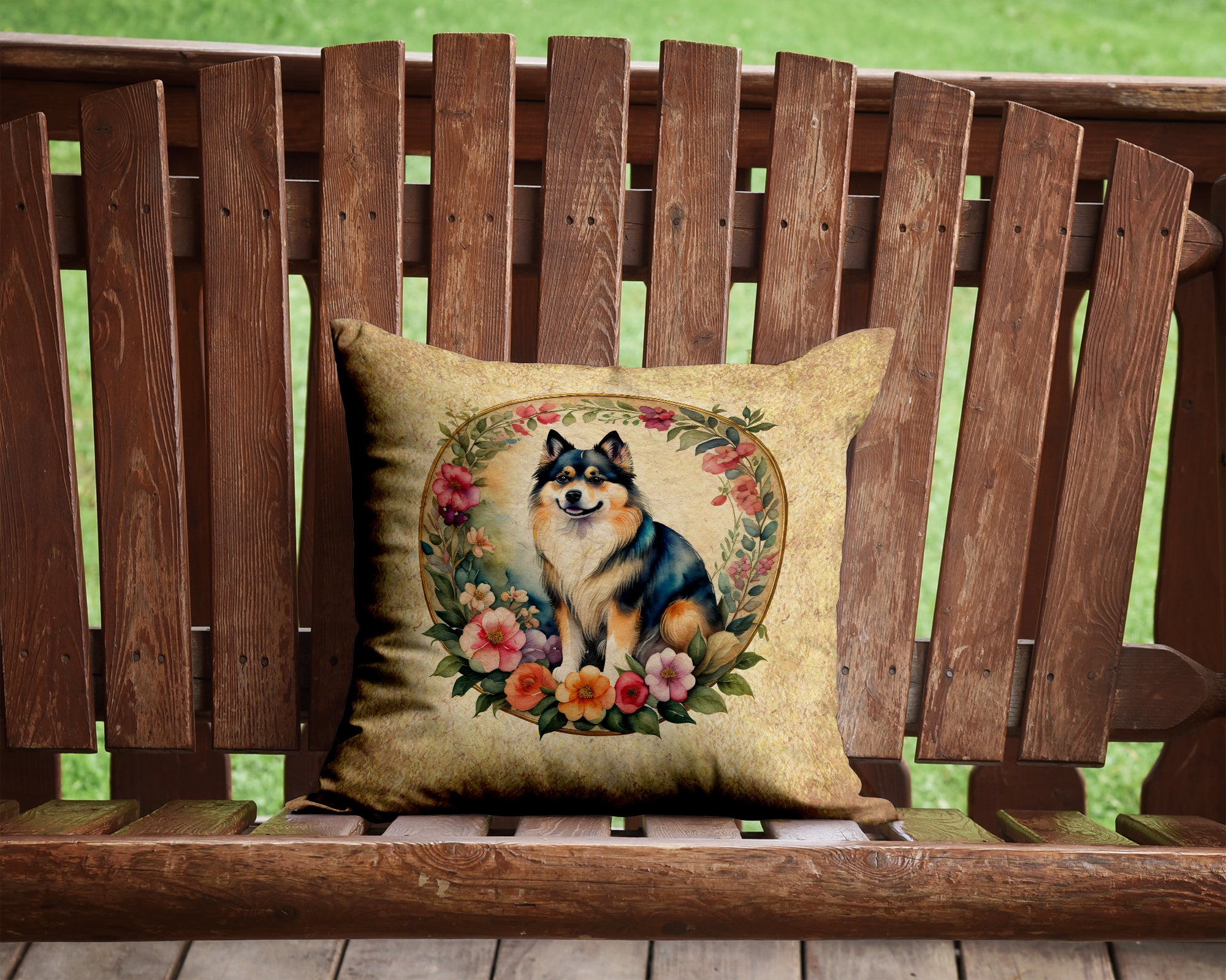 Finnish Lapphund and Flowers Fabric Decorative Pillow