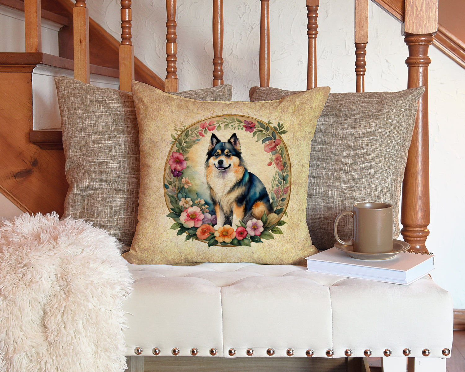Finnish Lapphund and Flowers Fabric Decorative Pillow  the-store.com.