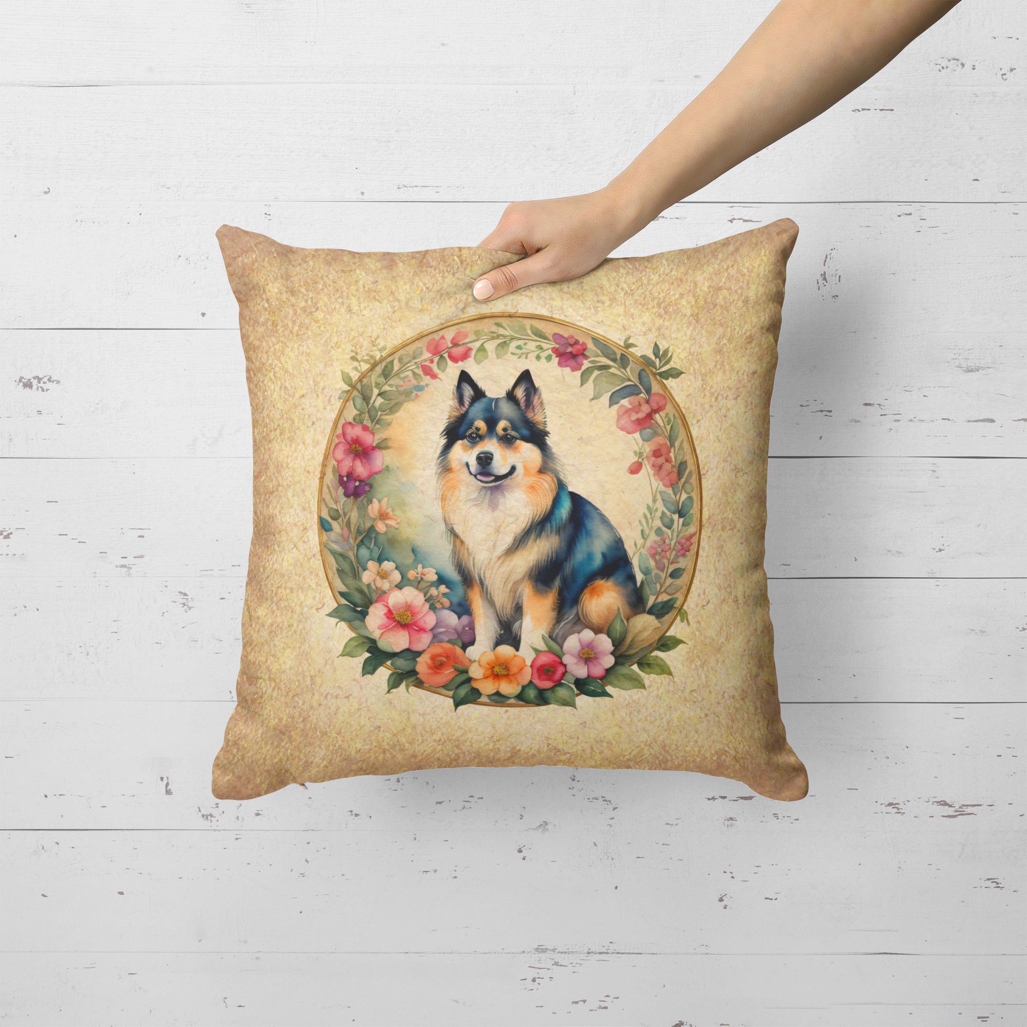 Finnish Lapphund and Flowers Fabric Decorative Pillow  the-store.com.