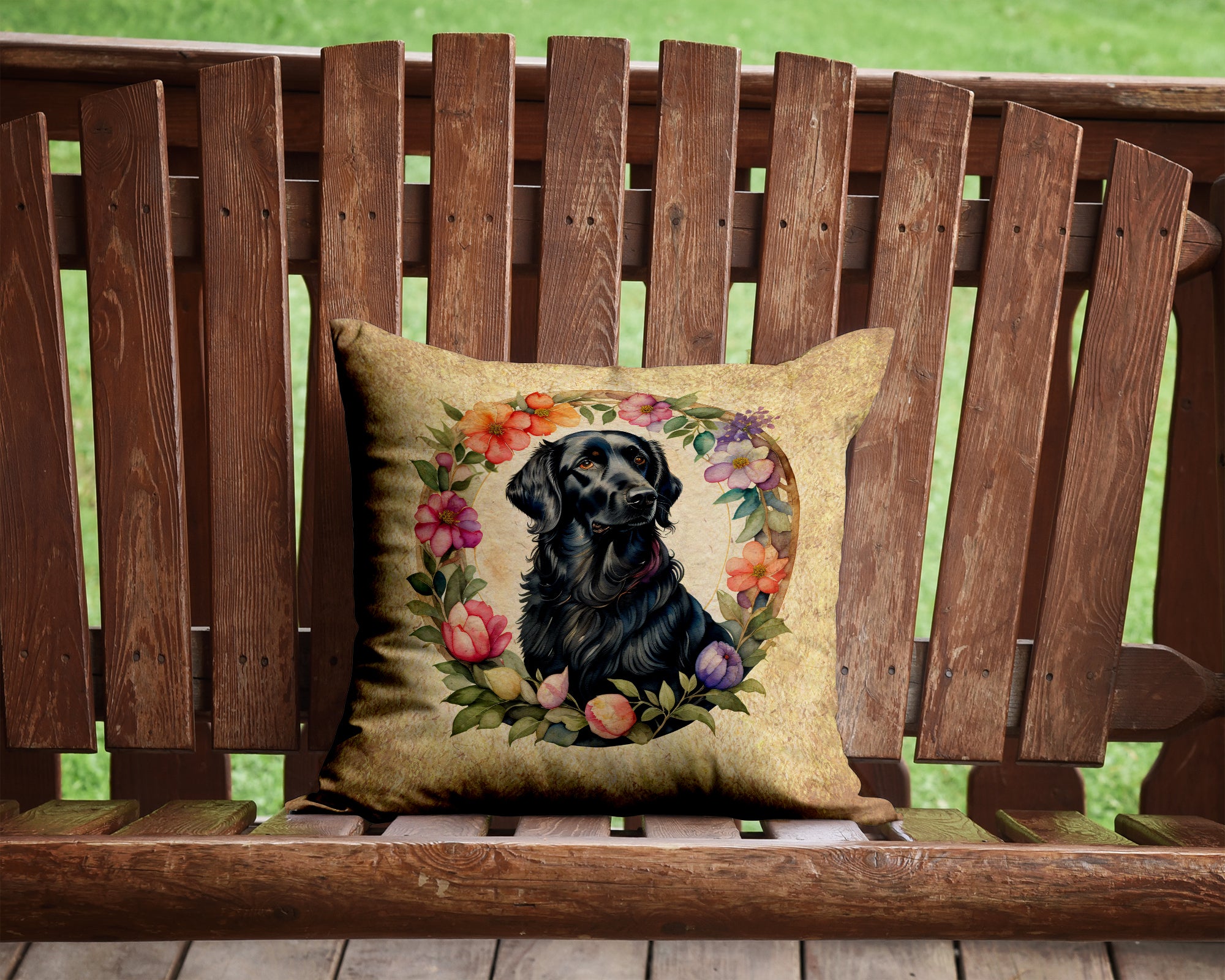 Flat-Coated Retriever and Flowers Fabric Decorative Pillow