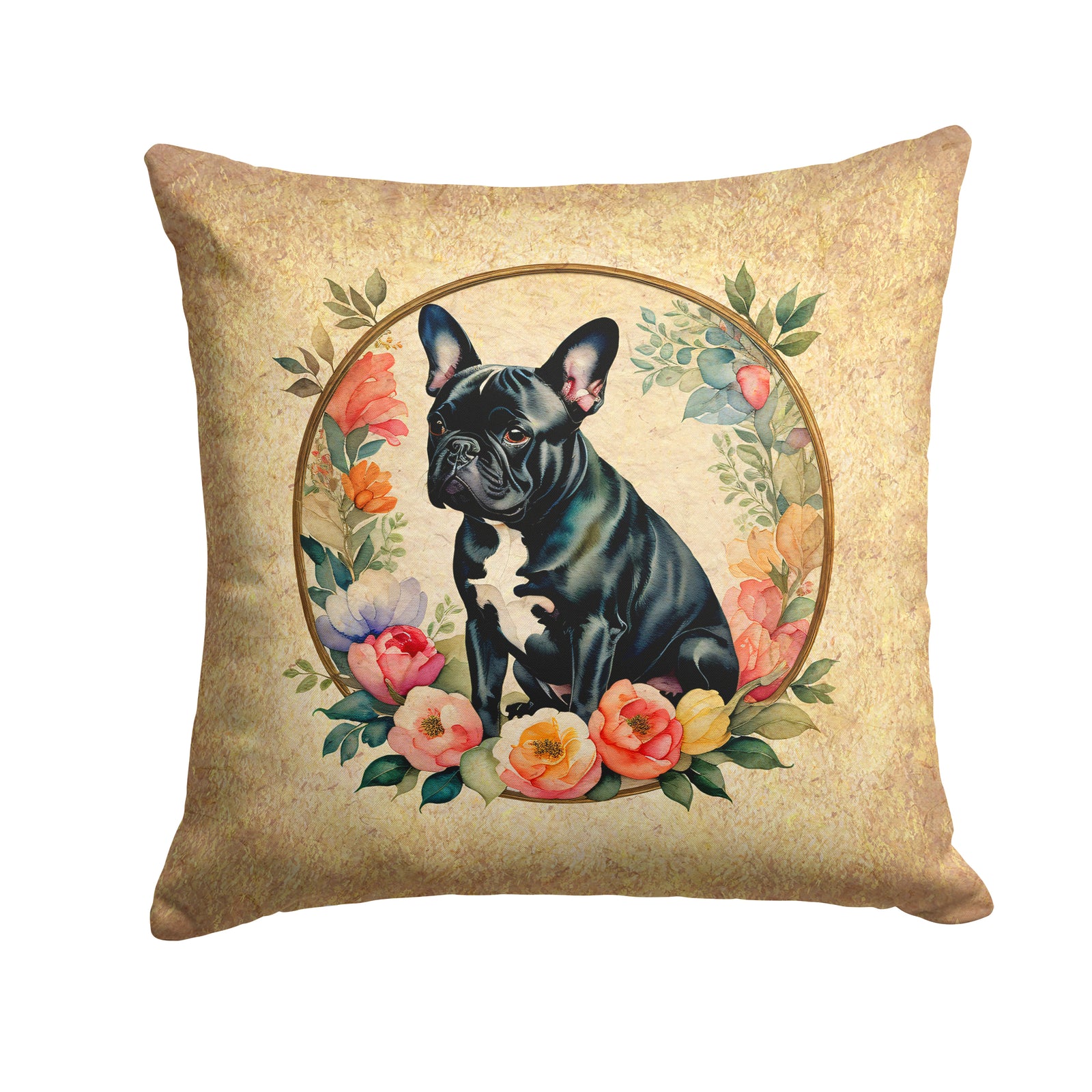 Buy this Black French Bulldog and Flowers Fabric Decorative Pillow