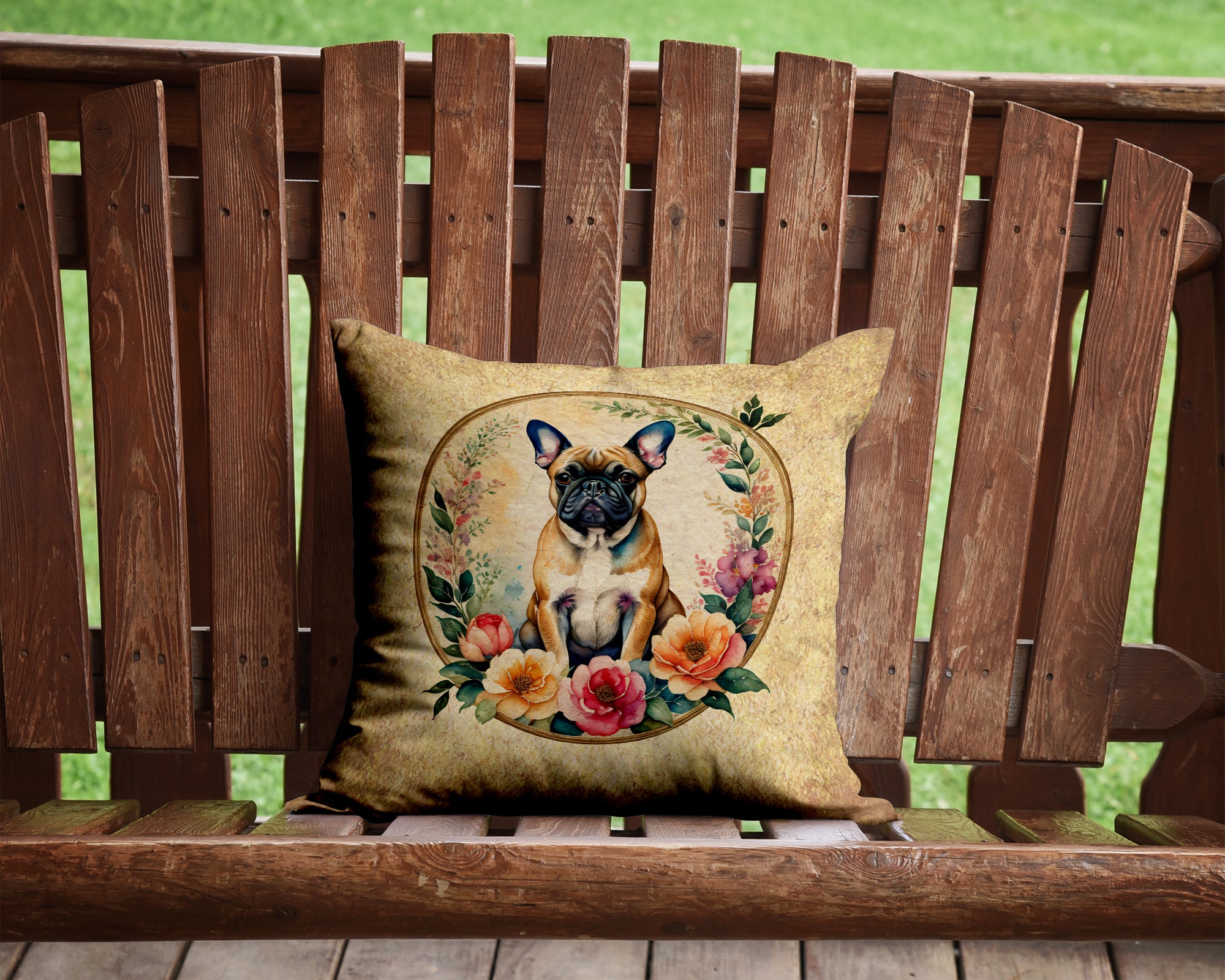 Buy this Fawn  French Bulldog and Flowers Fabric Decorative Pillow