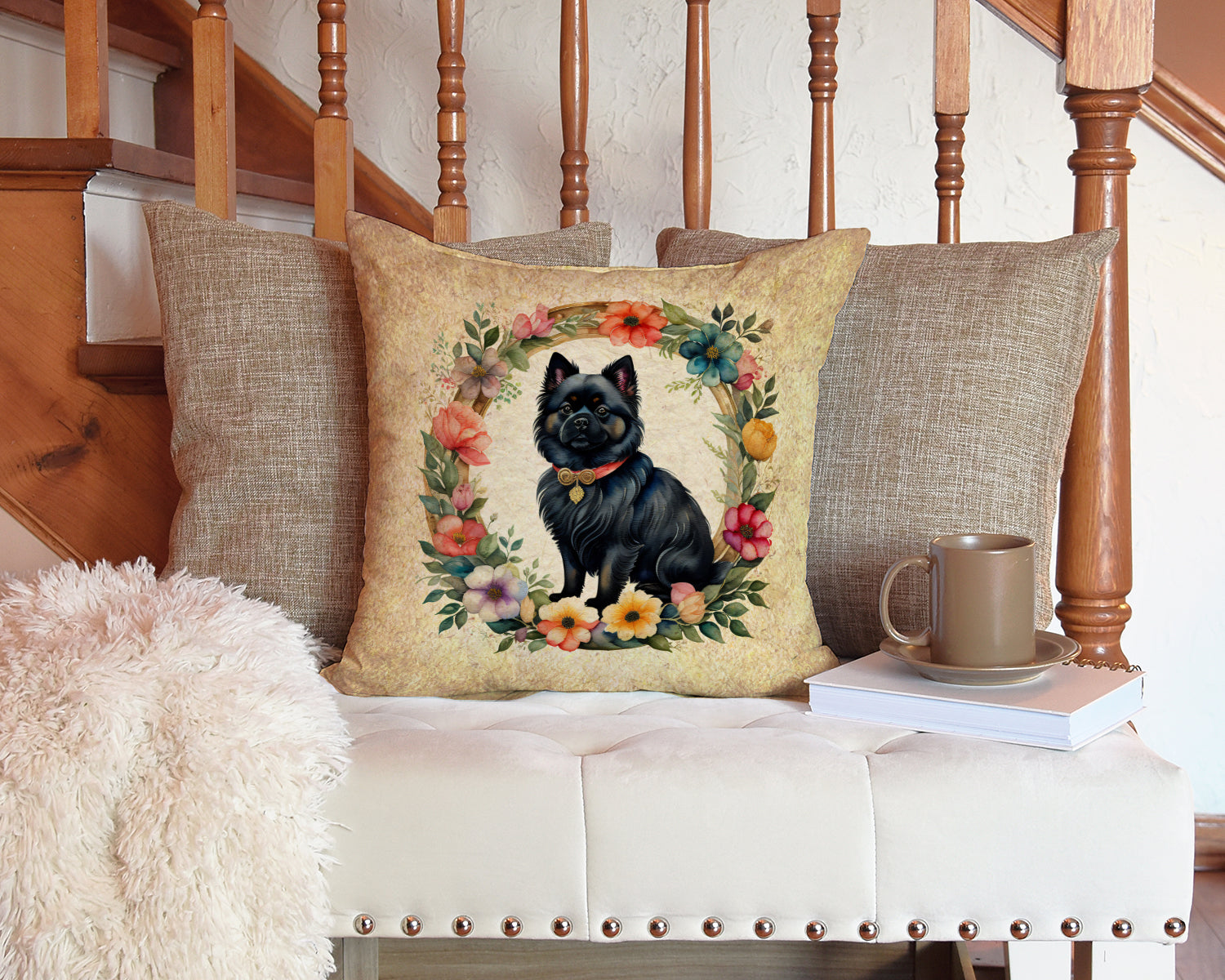 German Spitz and Flowers Fabric Decorative Pillow  the-store.com.