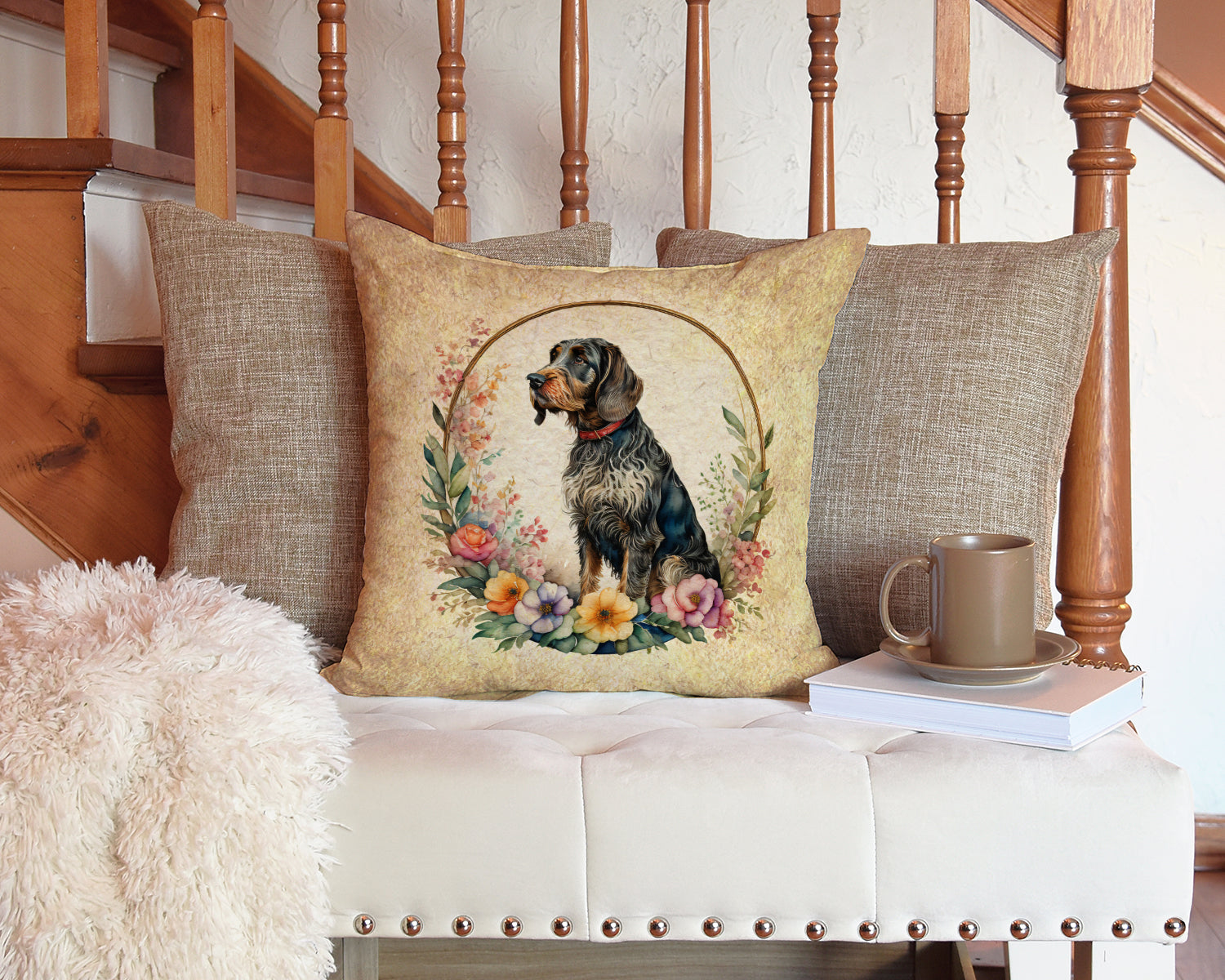 German Wirehaired Pointer and Flowers Fabric Decorative Pillow  the-store.com.