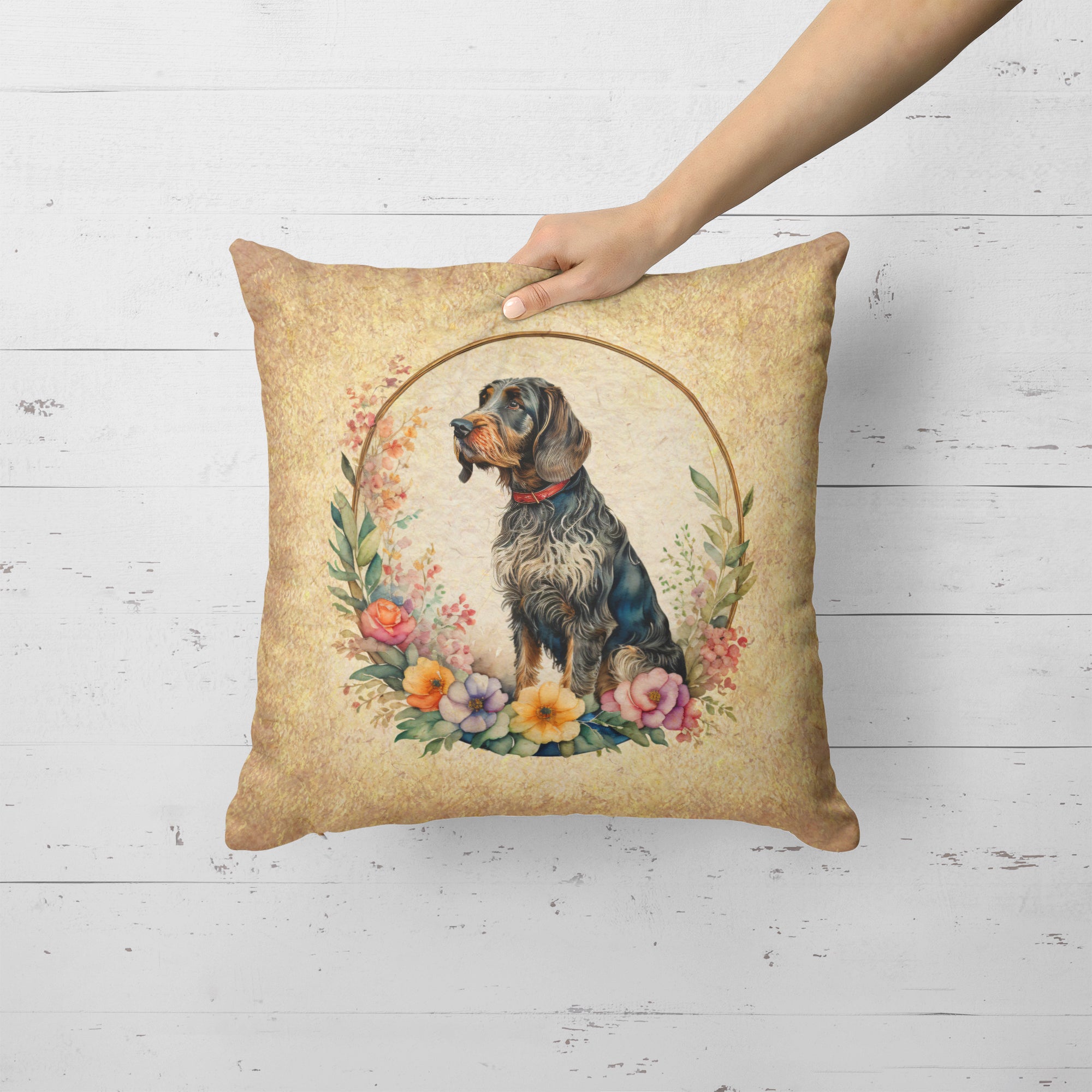 German Wirehaired Pointer and Flowers Fabric Decorative Pillow