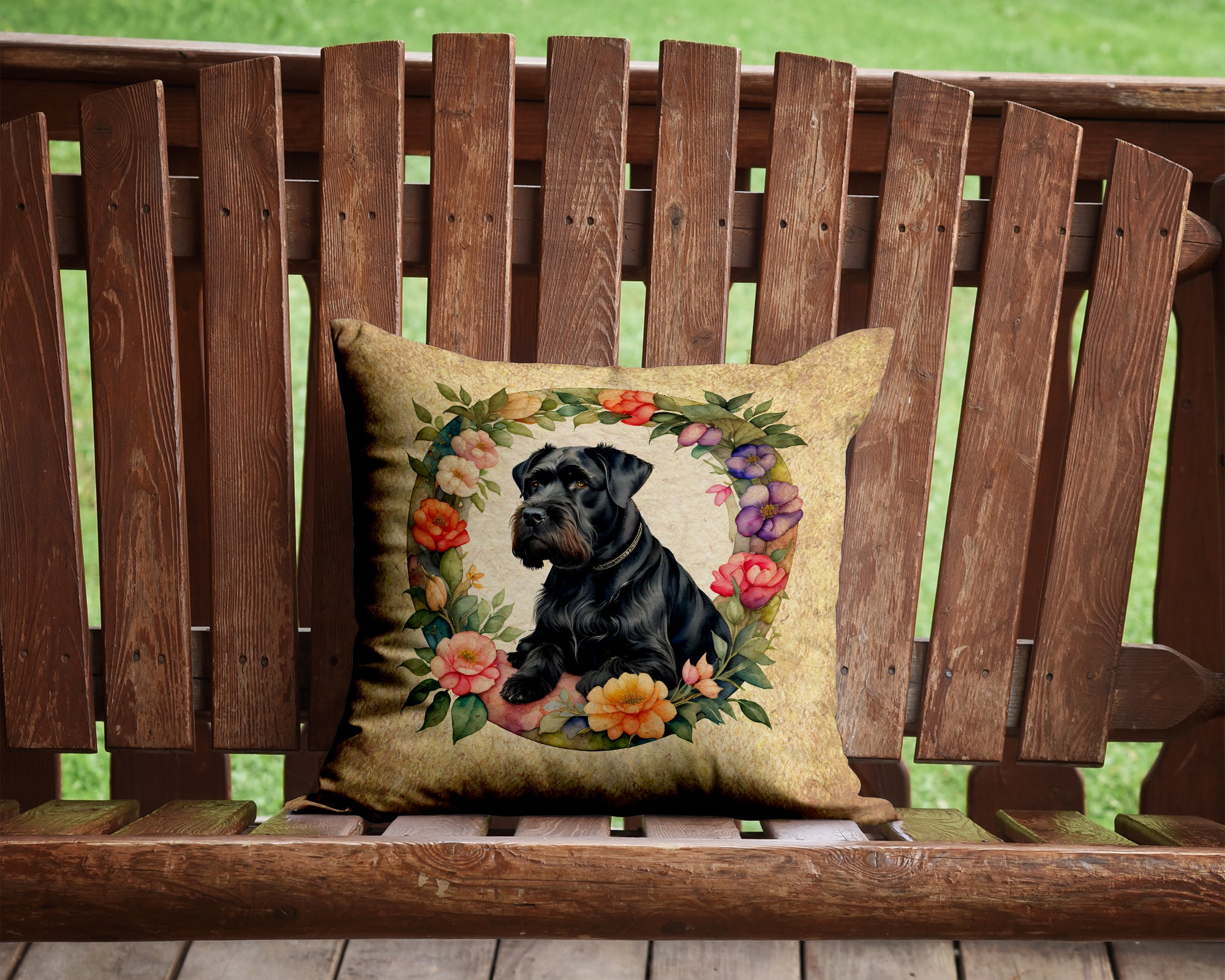 Giant Schnauzer and Flowers Fabric Decorative Pillow