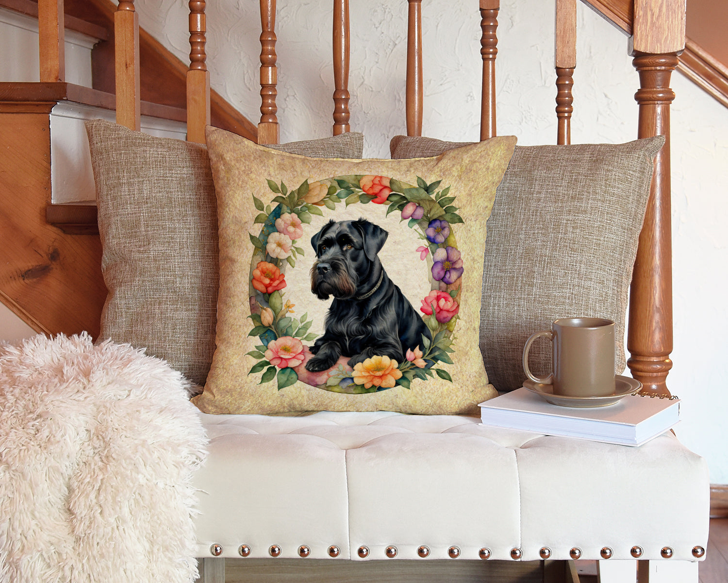 Giant Schnauzer and Flowers Fabric Decorative Pillow