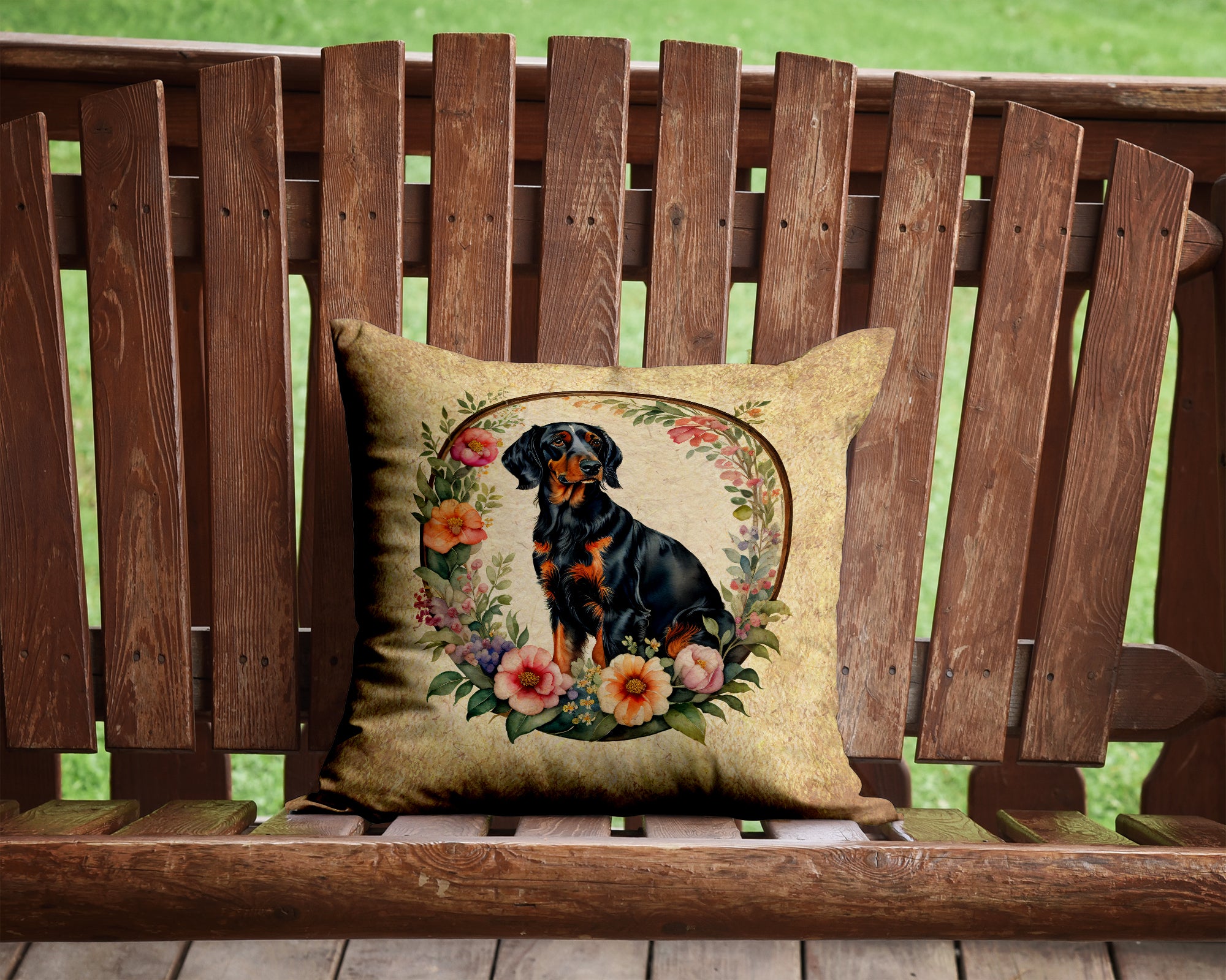 Gordon Setter and Flowers Fabric Decorative Pillow  the-store.com.