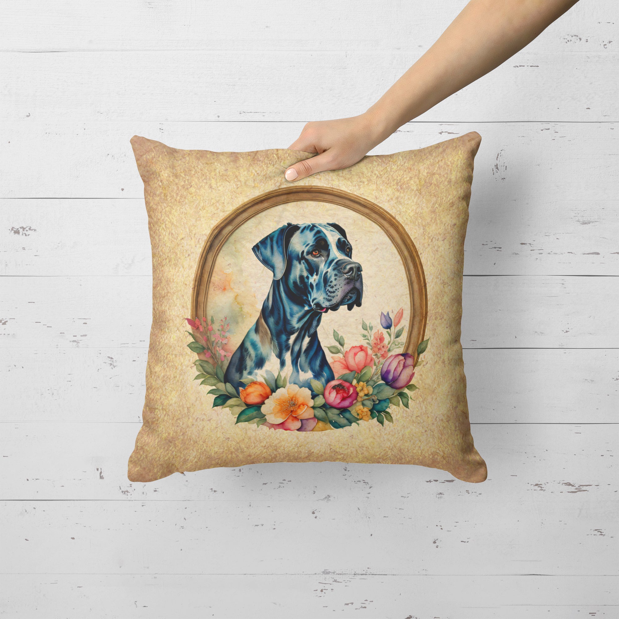 Great Dane and Flowers Fabric Decorative Pillow  the-store.com.