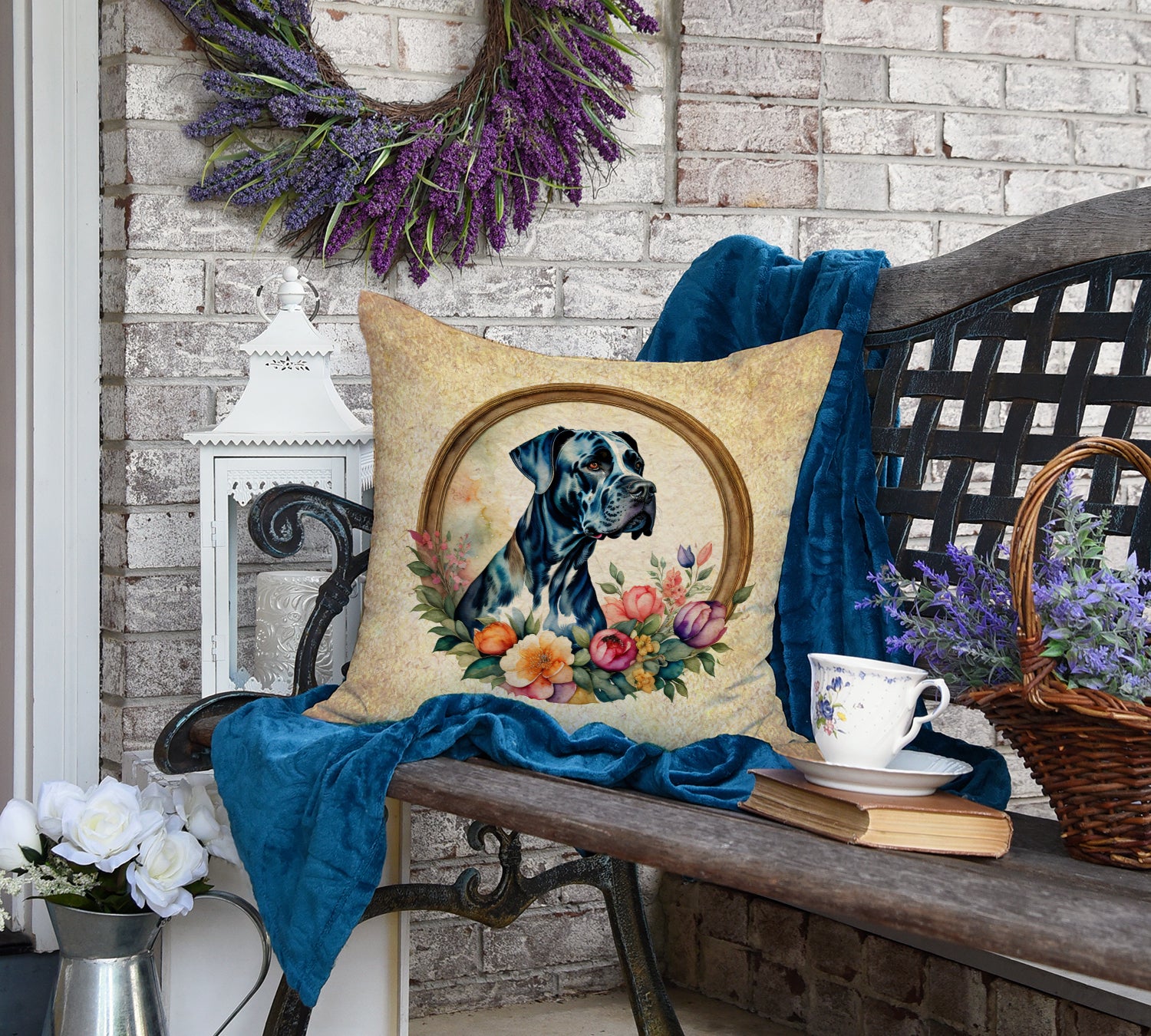 Great Dane and Flowers Fabric Decorative Pillow  the-store.com.