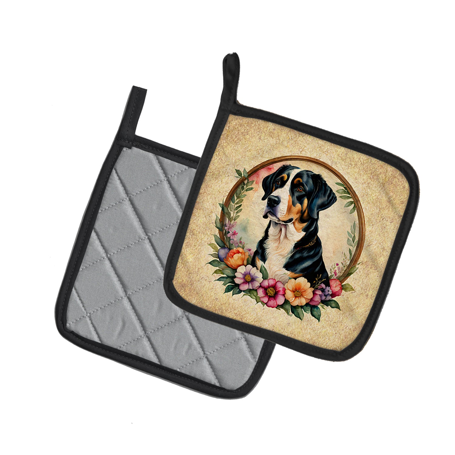 Greater Swiss Mountain Dog and Flowers Pair of Pot Holders  the-store.com.