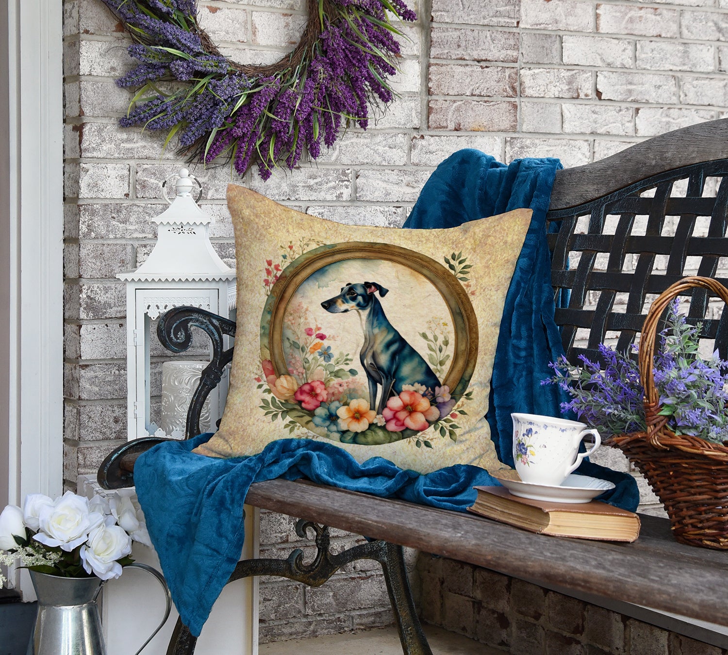 Greyhound and Flowers Fabric Decorative Pillow