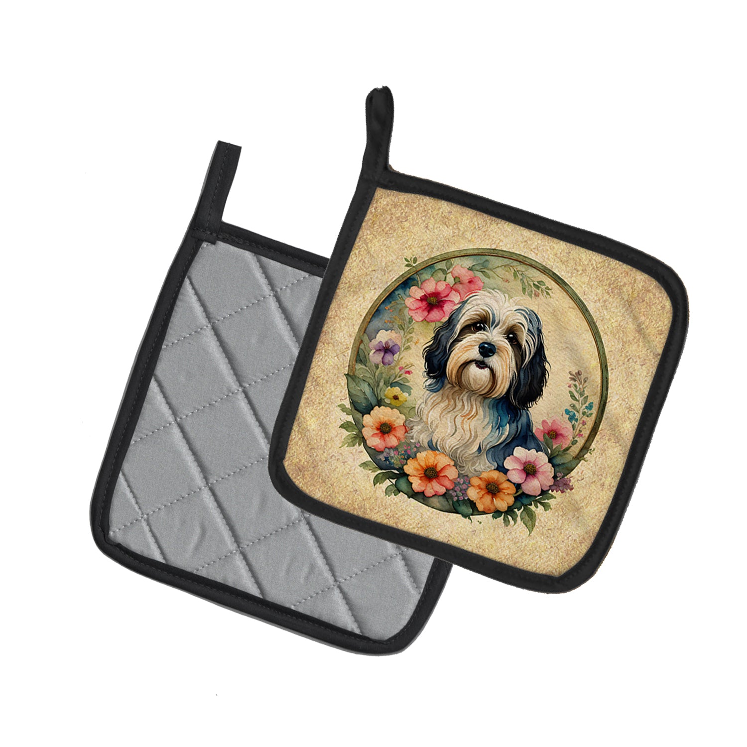 Havanese and Flowers Pair of Pot Holders