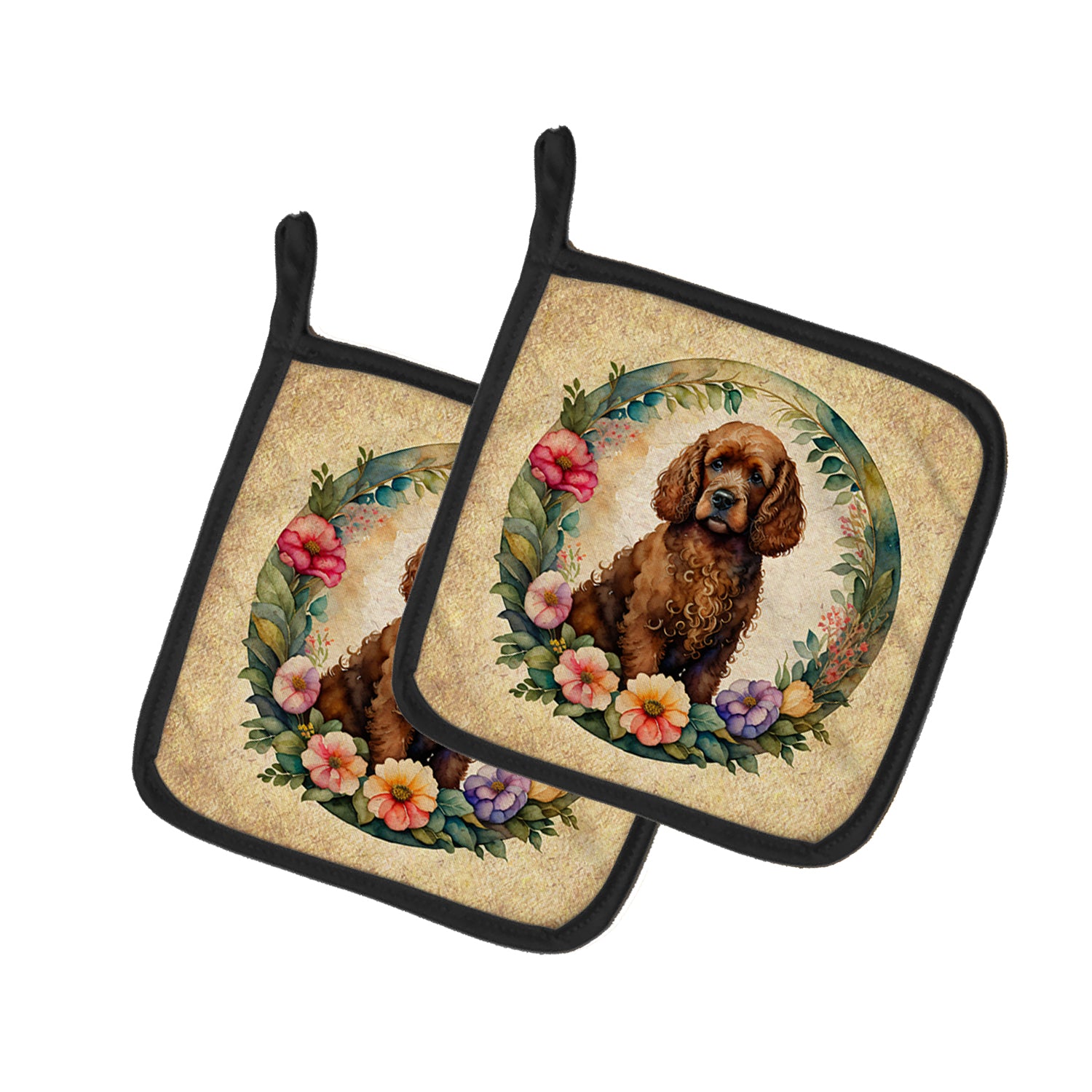 Buy this Irish Water Spaniel and Flowers Pair of Pot Holders