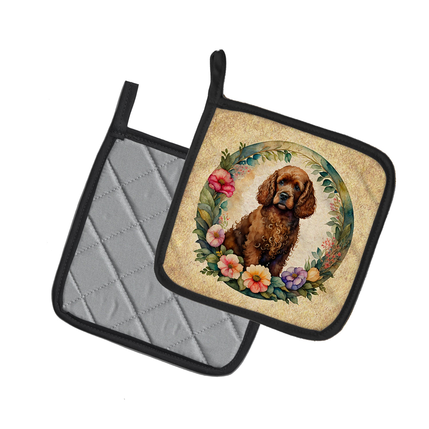 Buy this Irish Water Spaniel and Flowers Pair of Pot Holders