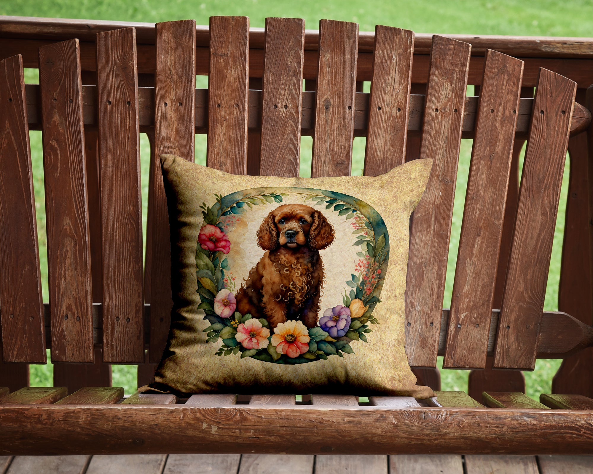 Buy this Irish Water Spaniel and Flowers Fabric Decorative Pillow