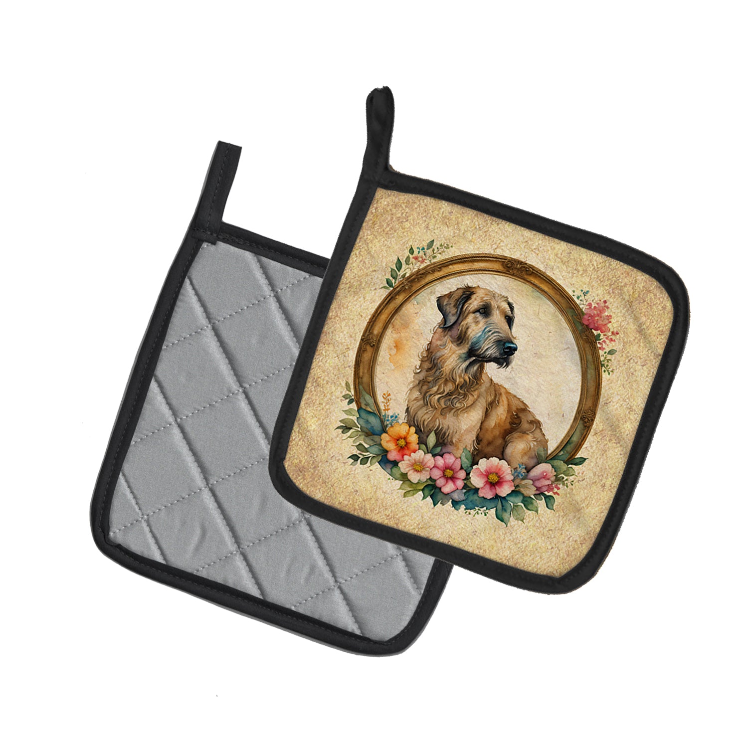 Irish Wolfhound and Flowers Pair of Pot Holders