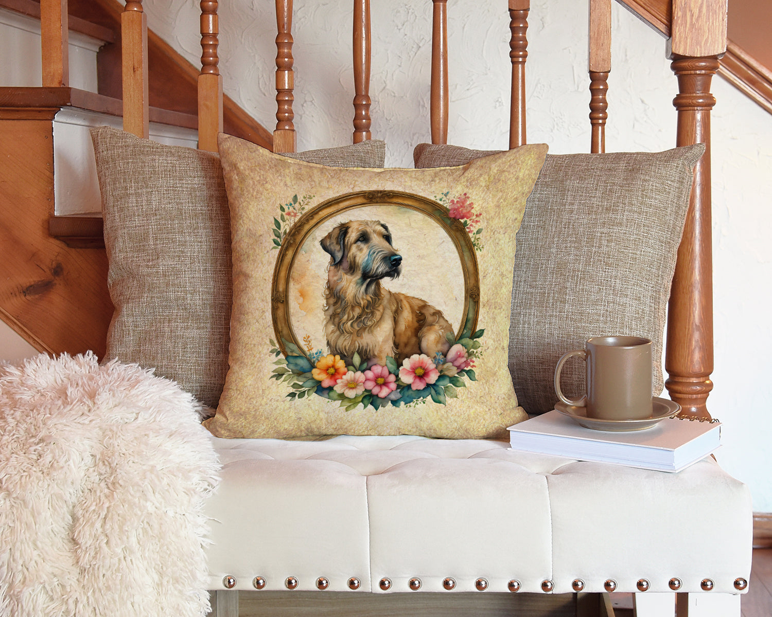 Irish Wolfhound and Flowers Fabric Decorative Pillow