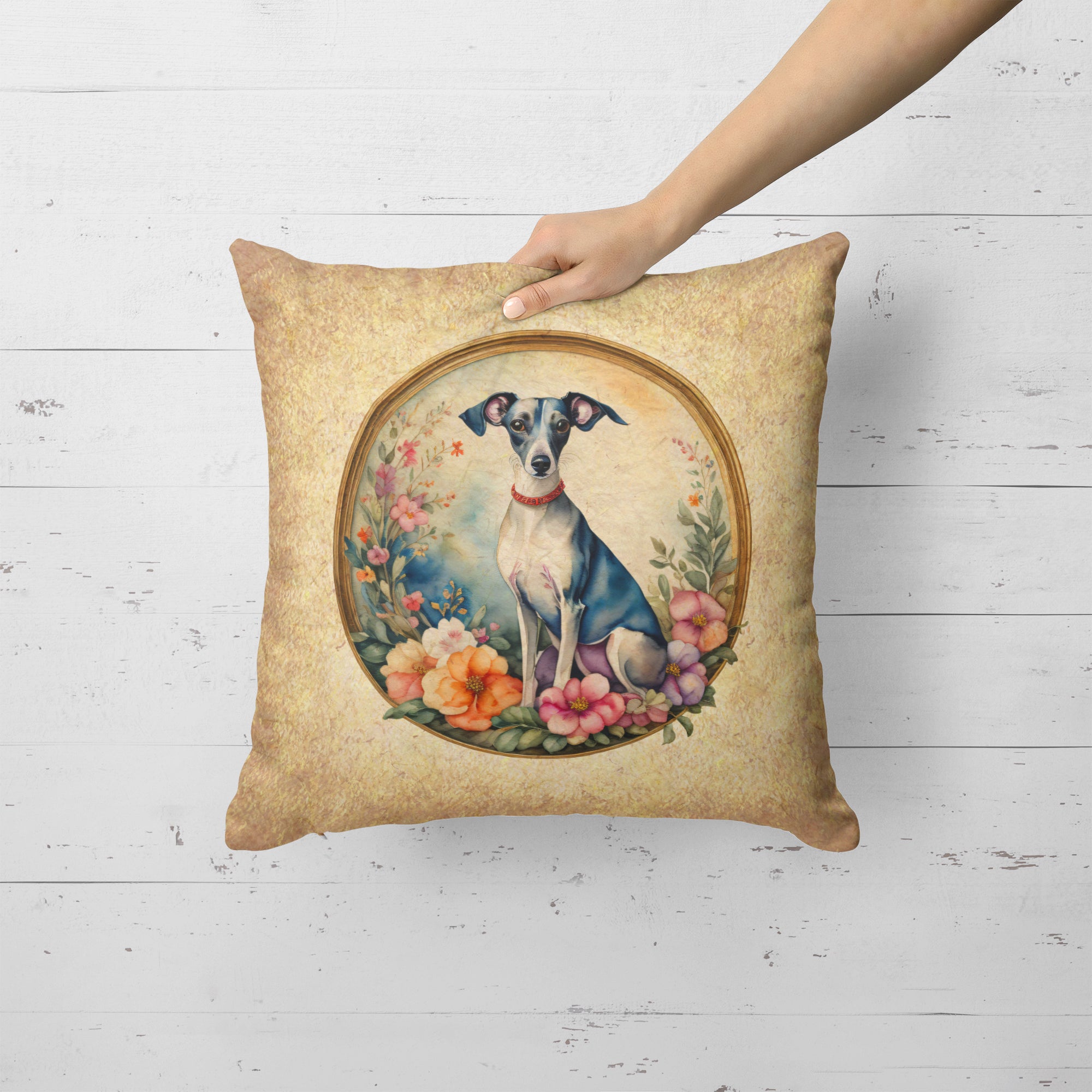 Italian Greyhound and Flowers Fabric Decorative Pillow