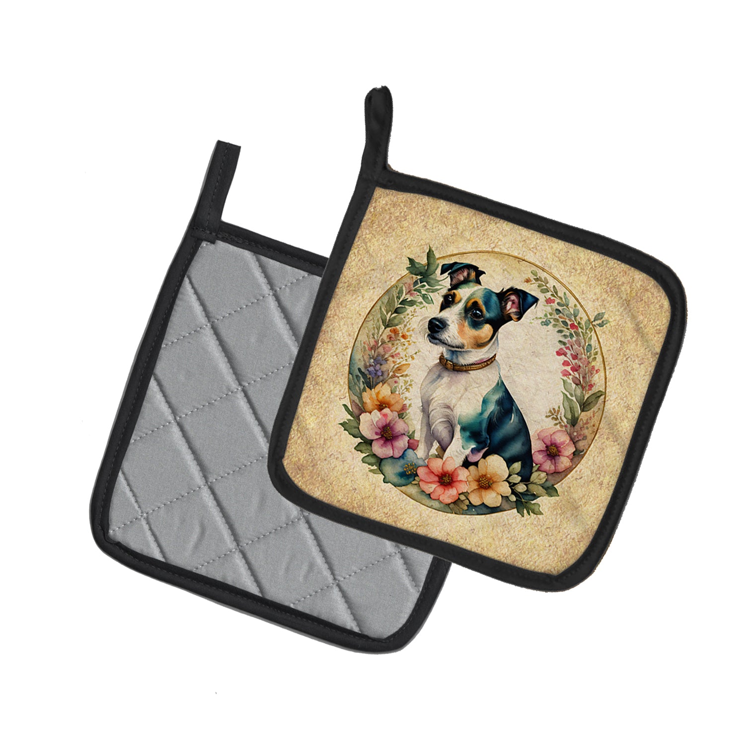 Jack Russell Terrier and Flowers Pair of Pot Holders