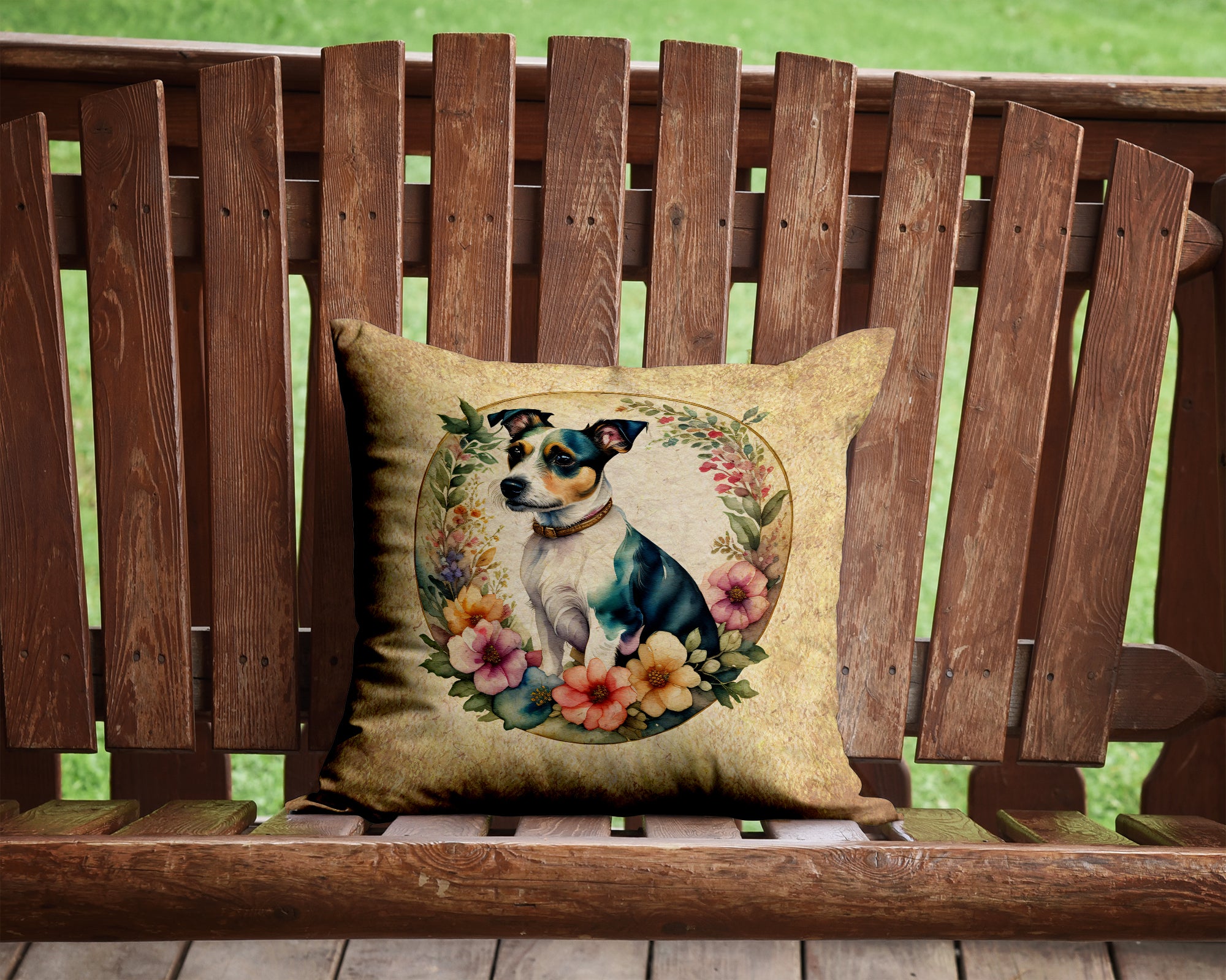 Jack Russell Terrier and Flowers Fabric Decorative Pillow  the-store.com.