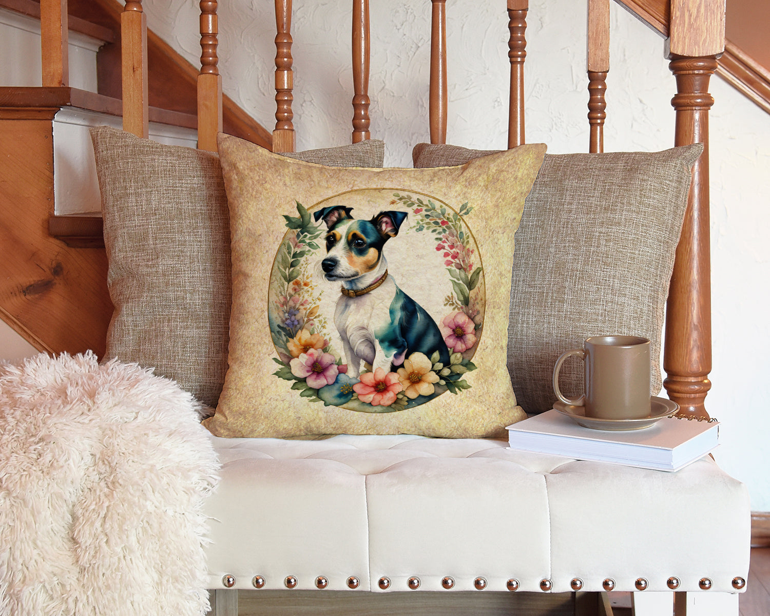 Jack Russell Terrier and Flowers Fabric Decorative Pillow  the-store.com.
