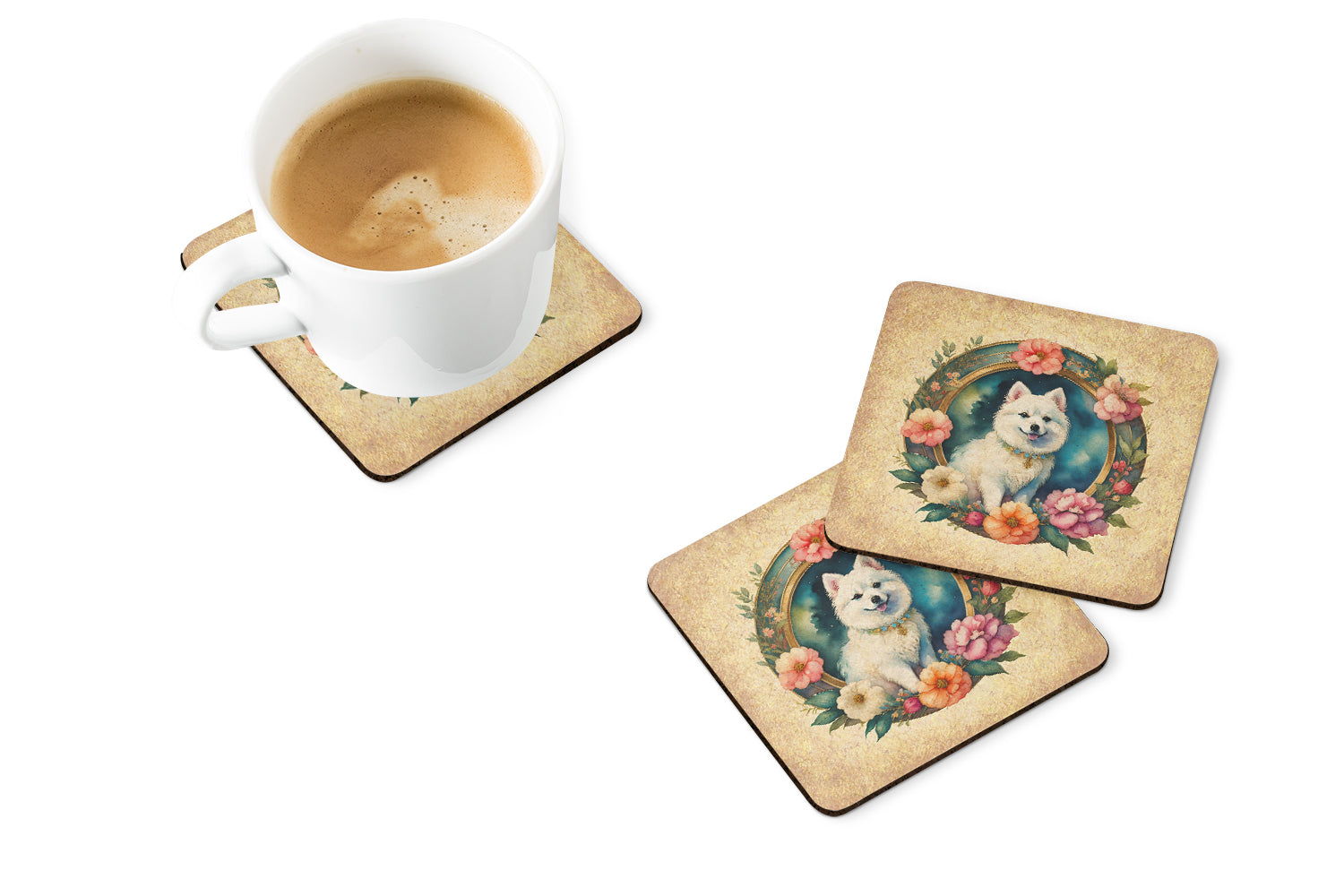 Japanese Spitz and Flowers Foam Coasters  the-store.com.