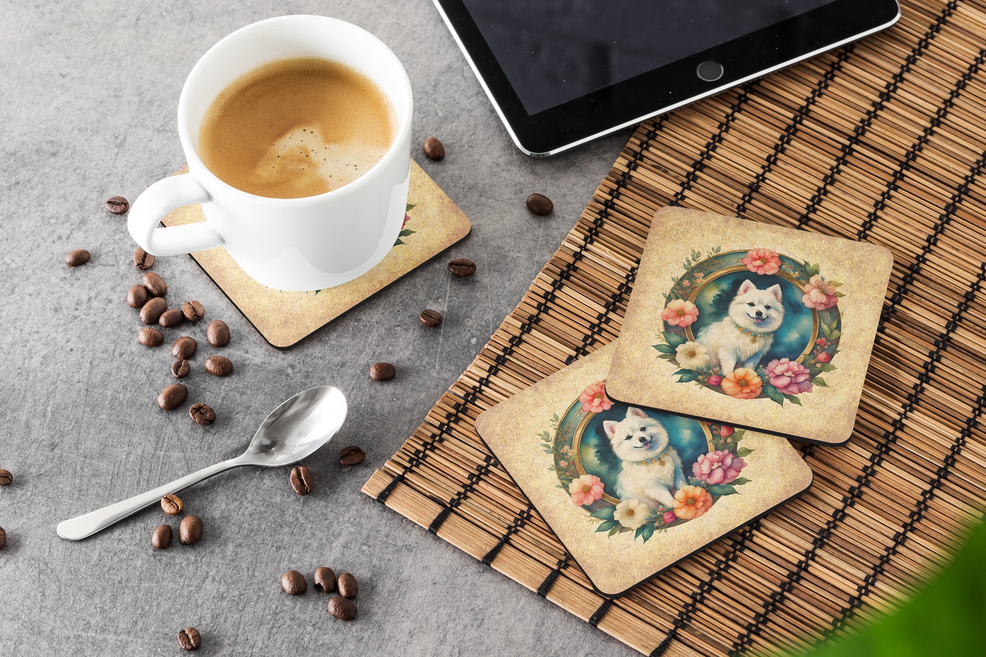 Japanese Spitz and Flowers Foam Coasters  the-store.com.