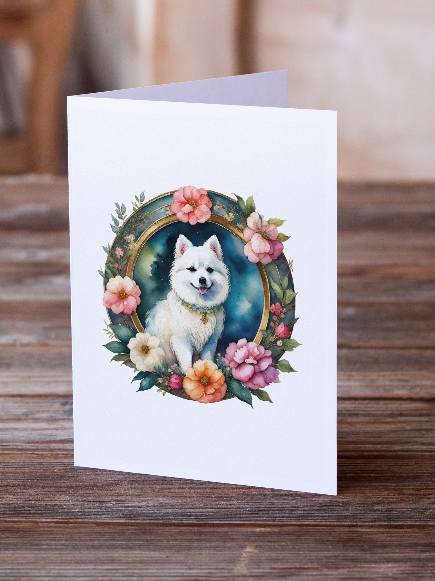 Japanese Spitz and Flowers Greeting Cards and Envelopes Pack of 8  the-store.com.