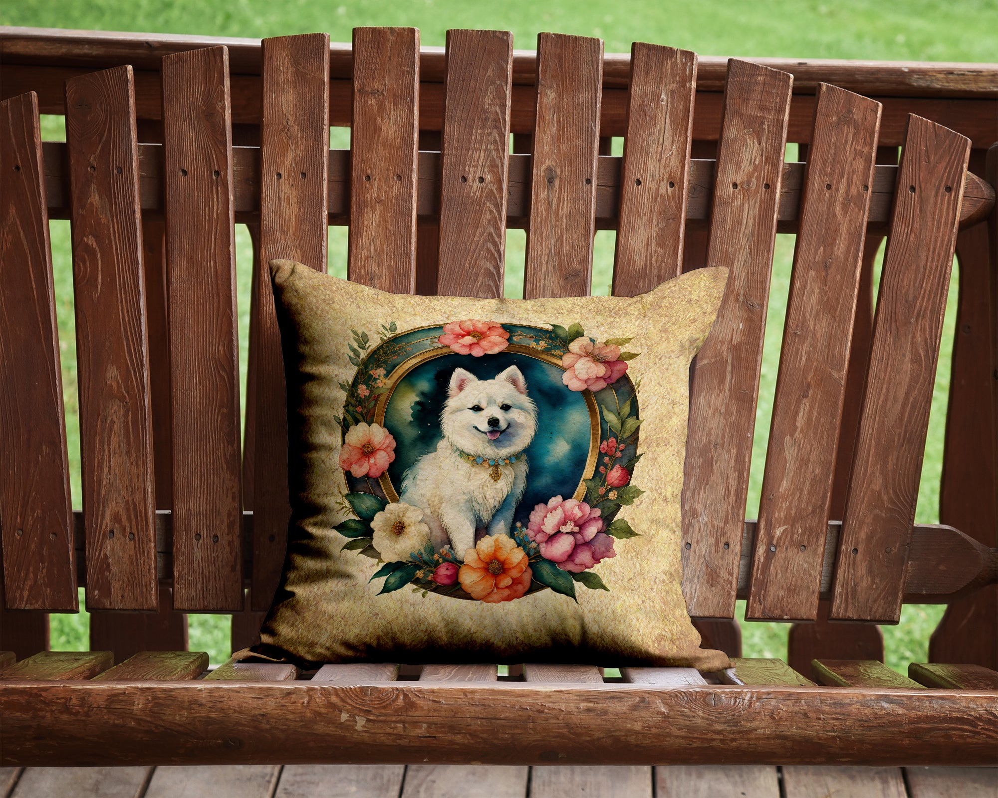 Buy this Japanese Spitz and Flowers Fabric Decorative Pillow