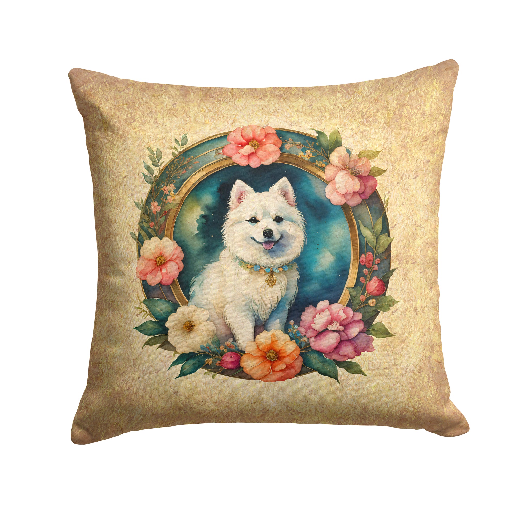 Buy this Japanese Spitz and Flowers Fabric Decorative Pillow