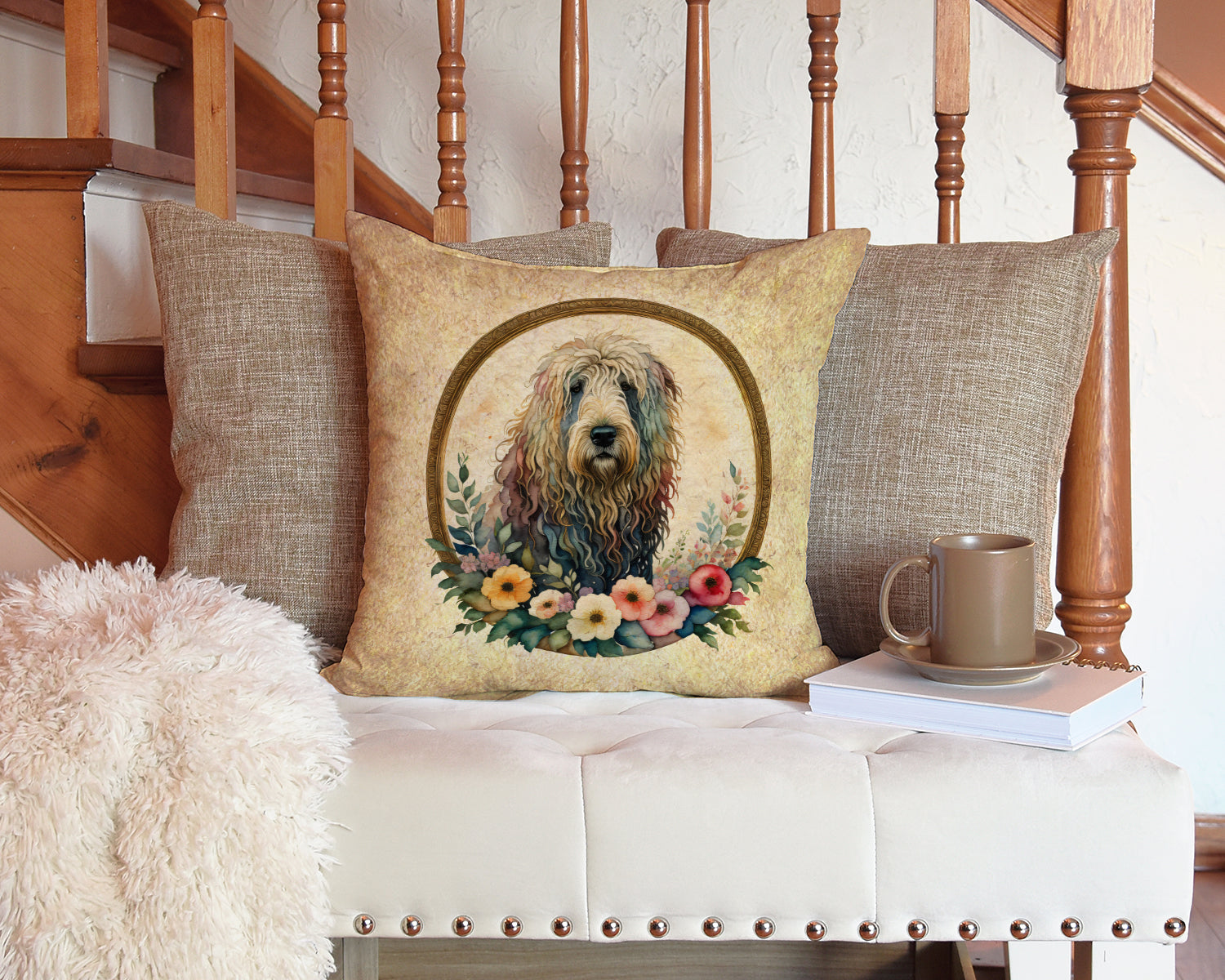 Komondor and Flowers Fabric Decorative Pillow