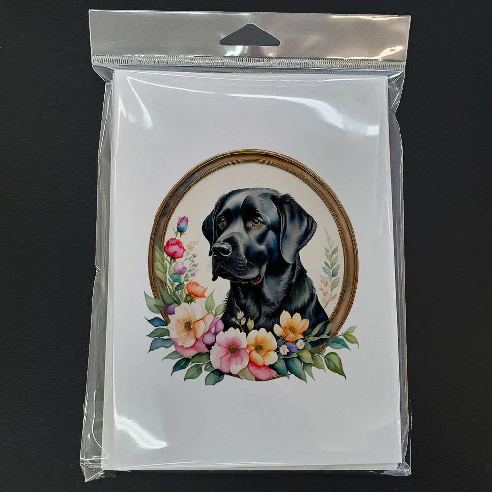Black Labrador Retriever and Flowers Greeting Cards and Envelopes Pack of 8  the-store.com.
