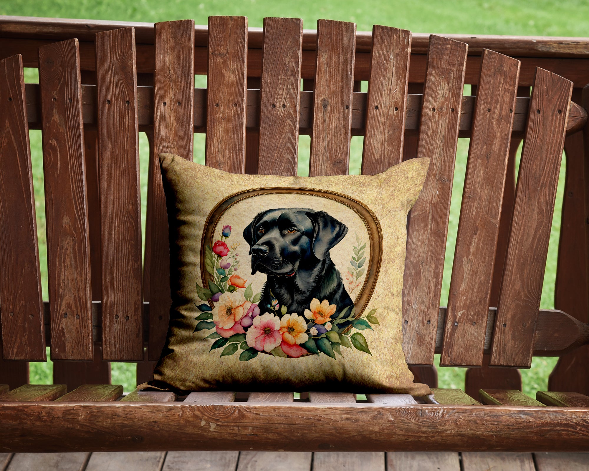 Black Labrador Retriever and Flowers Fabric Decorative Pillow  the-store.com.