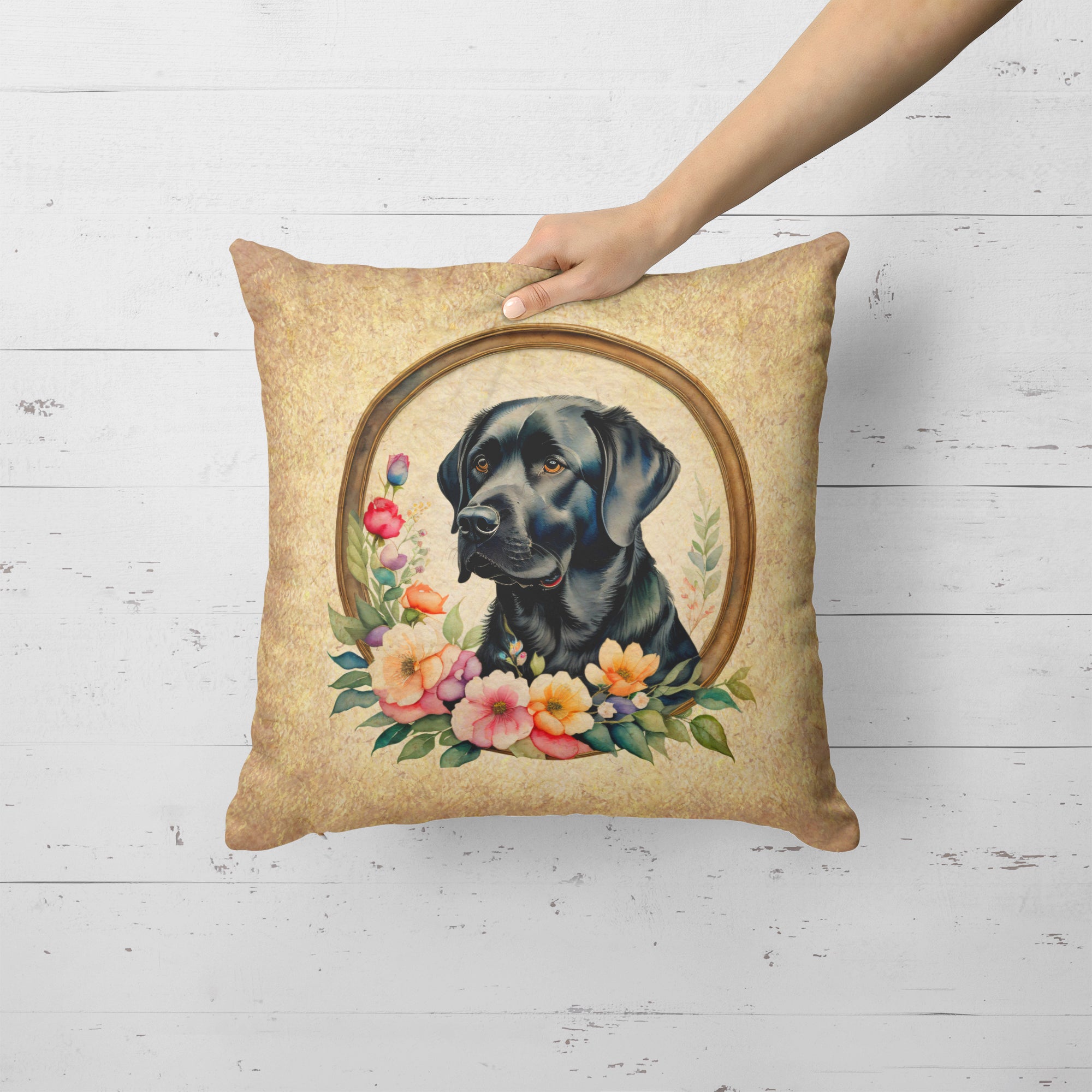 Black Labrador Retriever and Flowers Fabric Decorative Pillow  the-store.com.