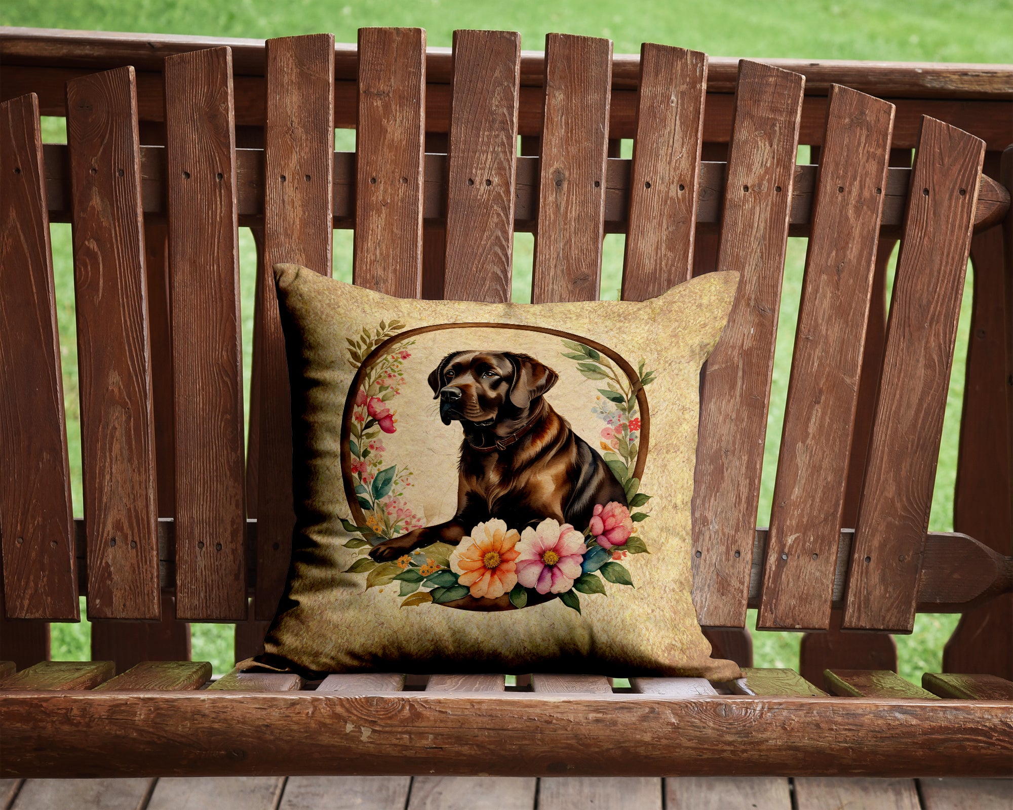 Chocolate Labrador Retriever and Flowers Fabric Decorative Pillow  the-store.com.