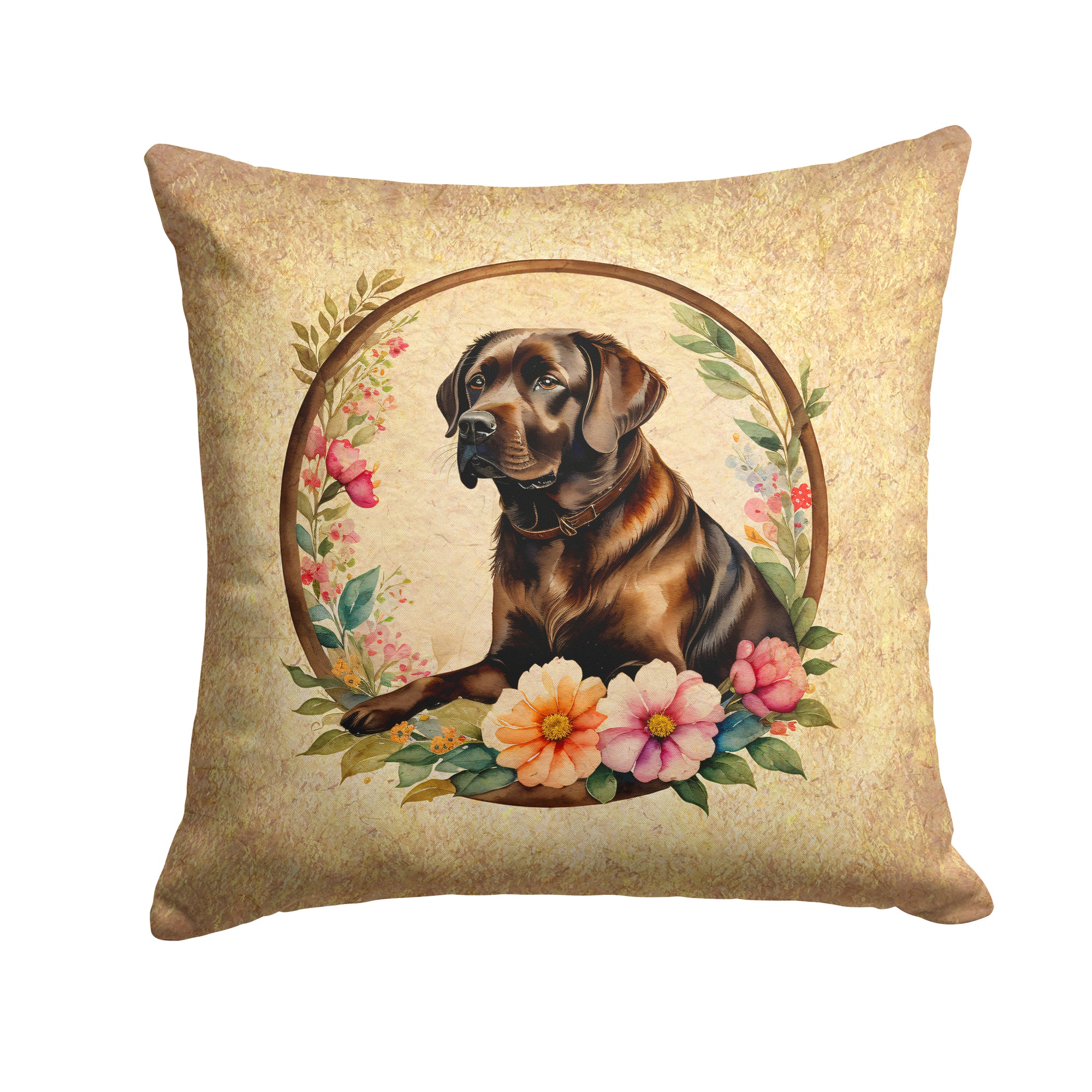 Buy this Chocolate Labrador Retriever and Flowers Fabric Decorative Pillow