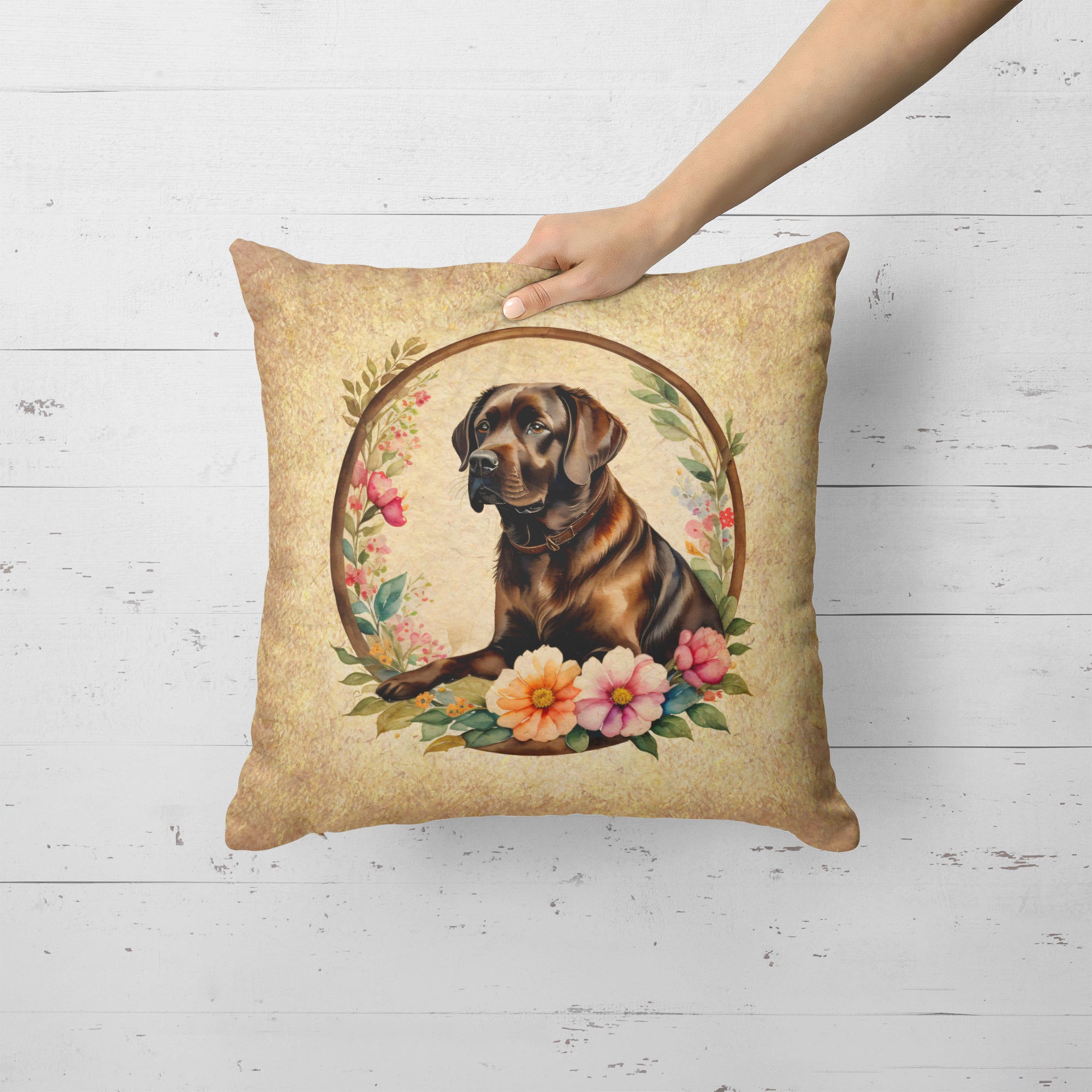 Chocolate Labrador Retriever and Flowers Fabric Decorative Pillow