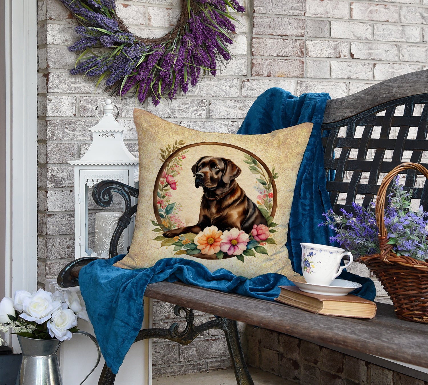 Chocolate Labrador Retriever and Flowers Fabric Decorative Pillow