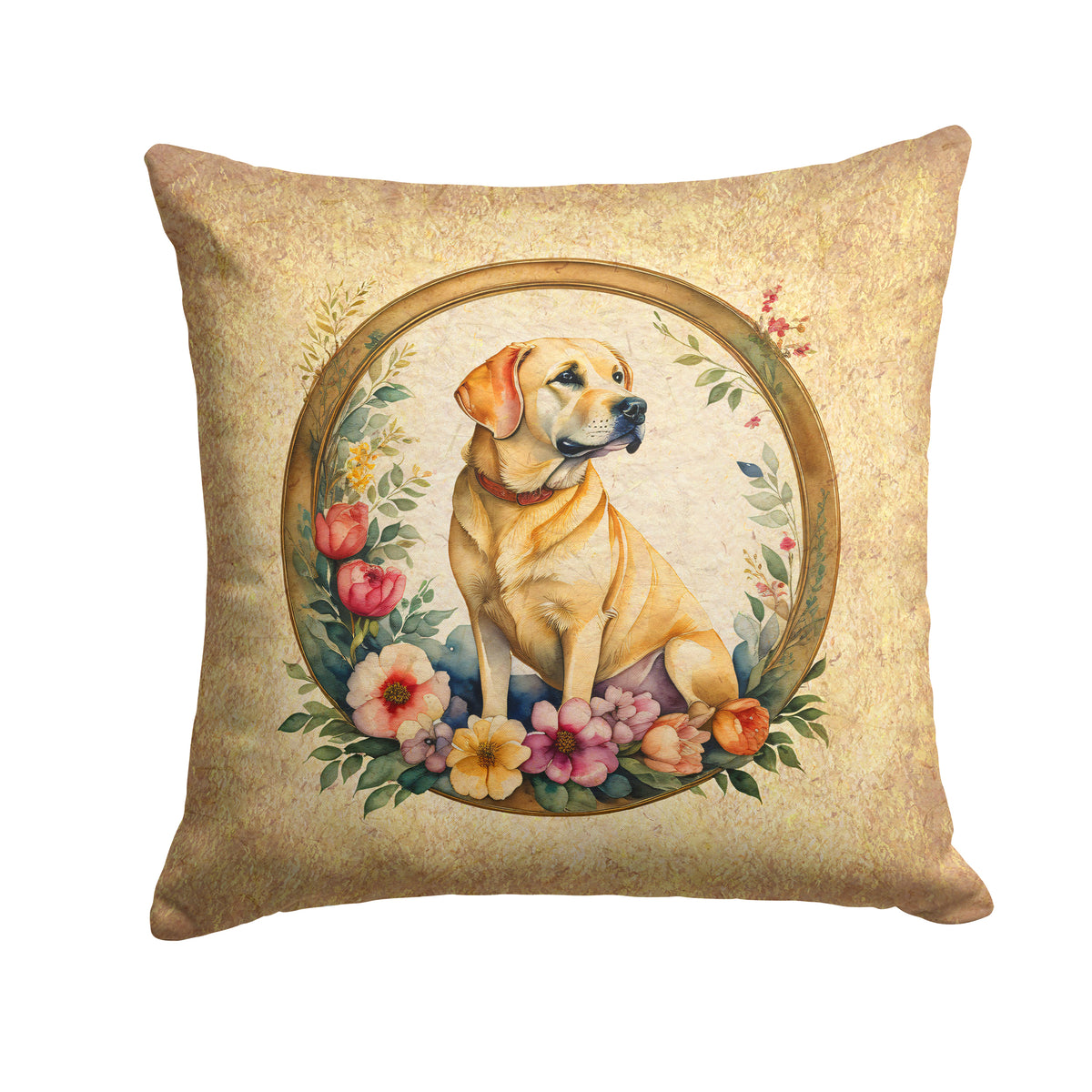 Buy this Yellow Labrador Retriever and Flowers Fabric Decorative Pillow