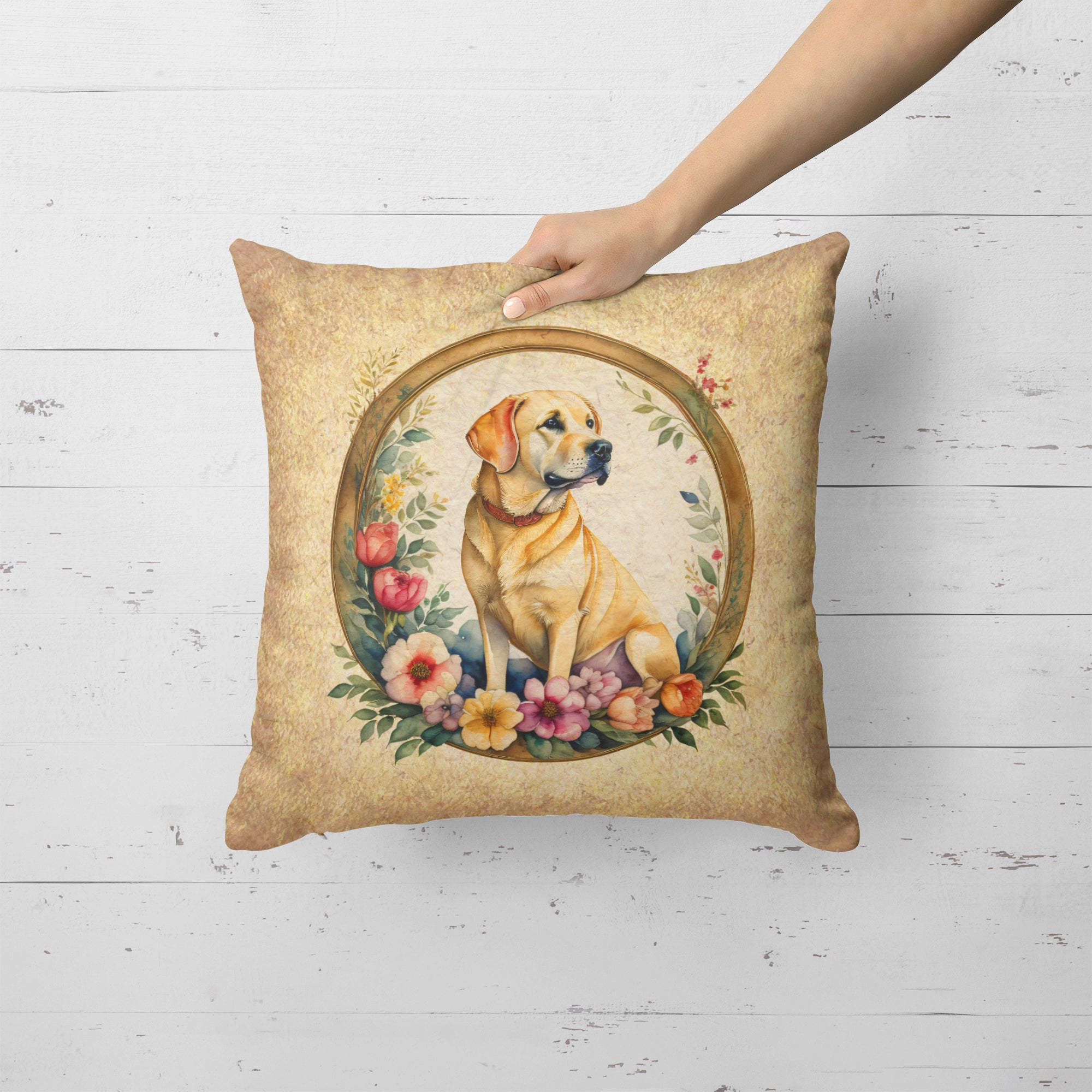 Yellow Labrador Retriever and Flowers Fabric Decorative Pillow  the-store.com.