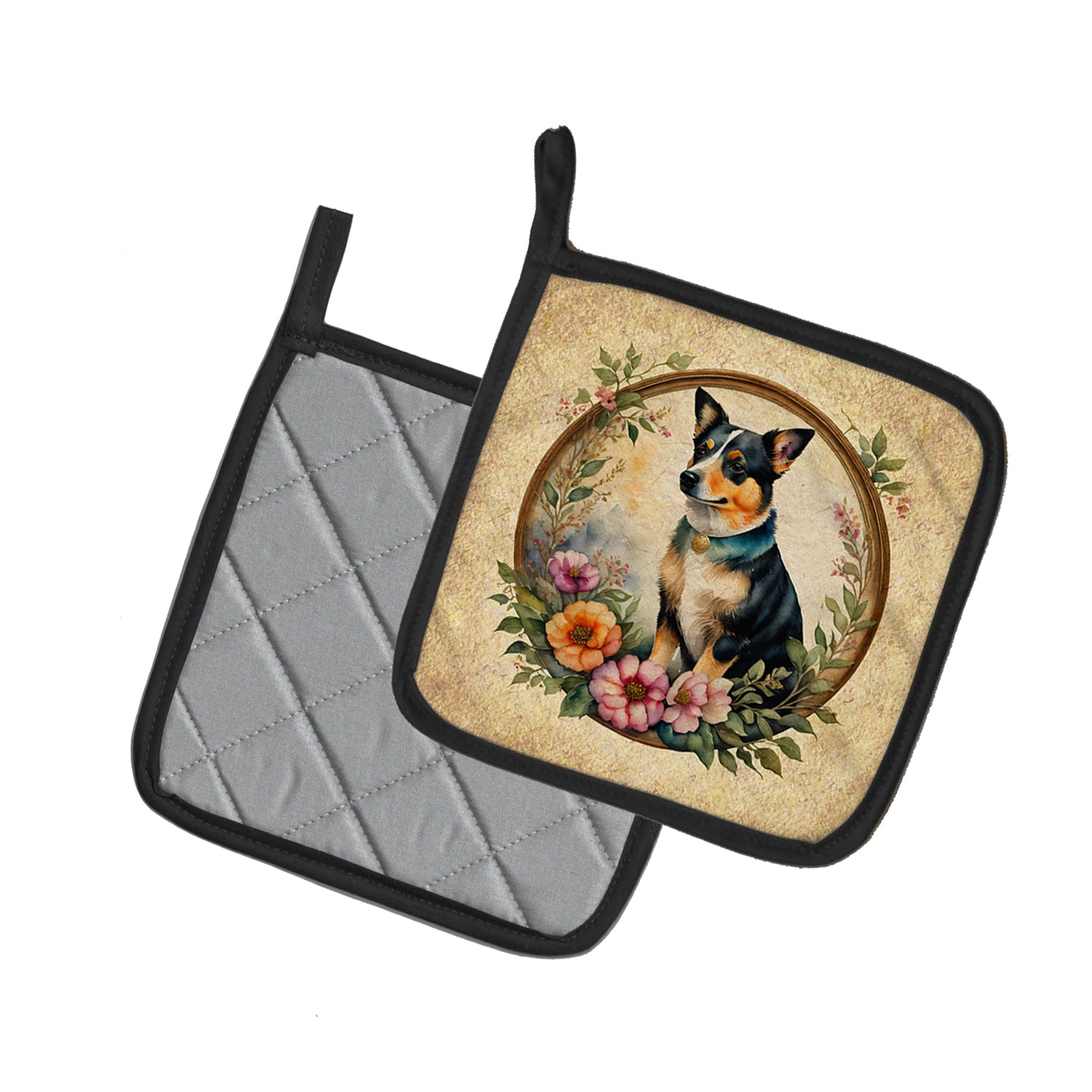 Lancashire Heeler and Flowers Pair of Pot Holders