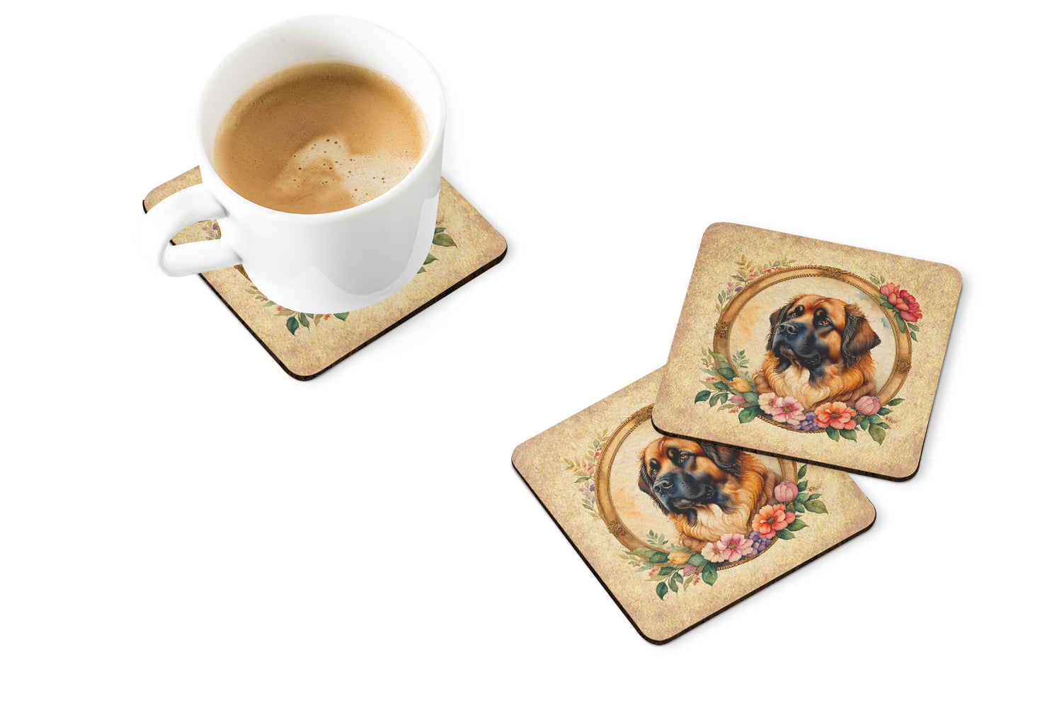 Leonberger and Flowers Foam Coasters  the-store.com.