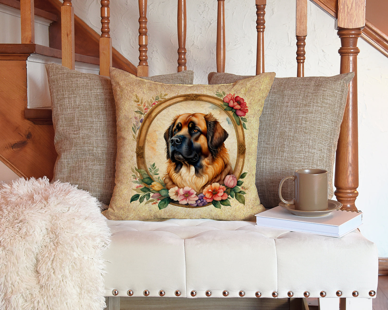 Leonberger and Flowers Fabric Decorative Pillow  the-store.com.