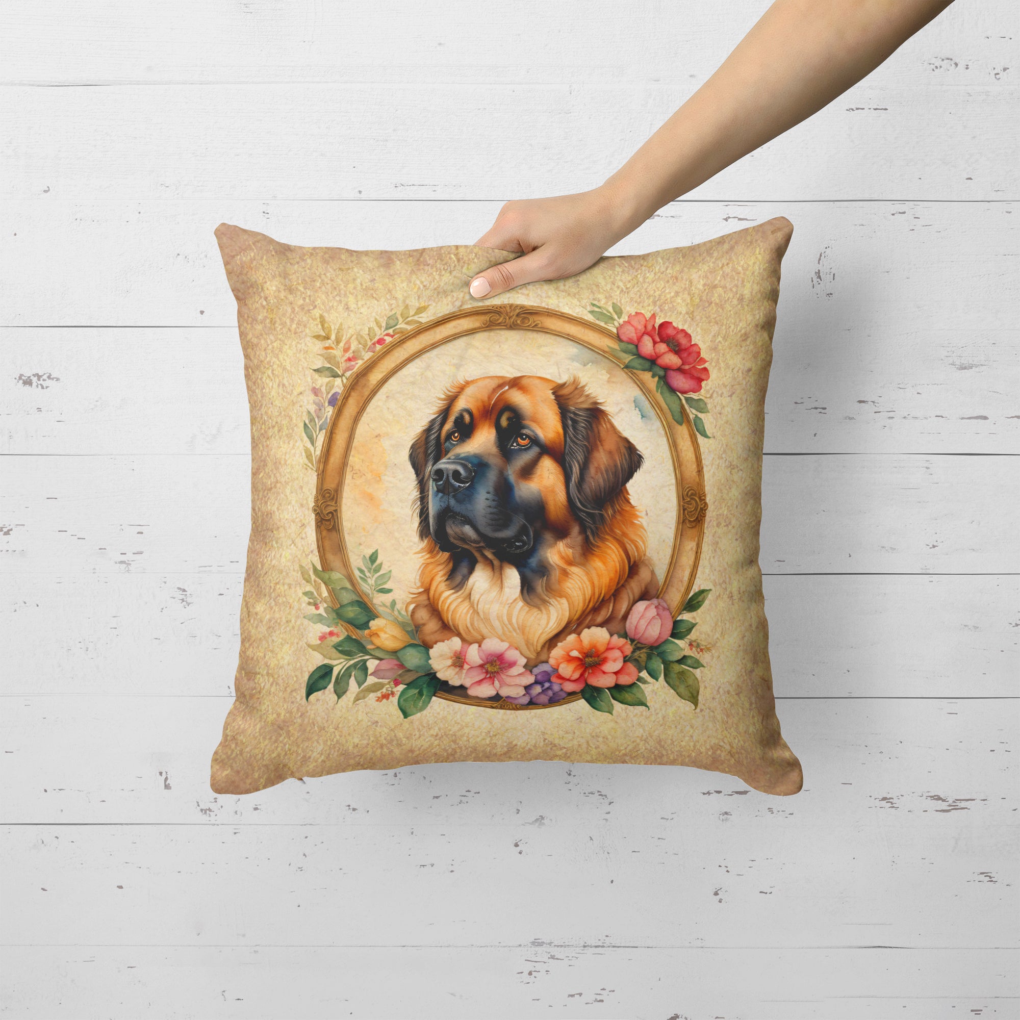Leonberger and Flowers Fabric Decorative Pillow  the-store.com.