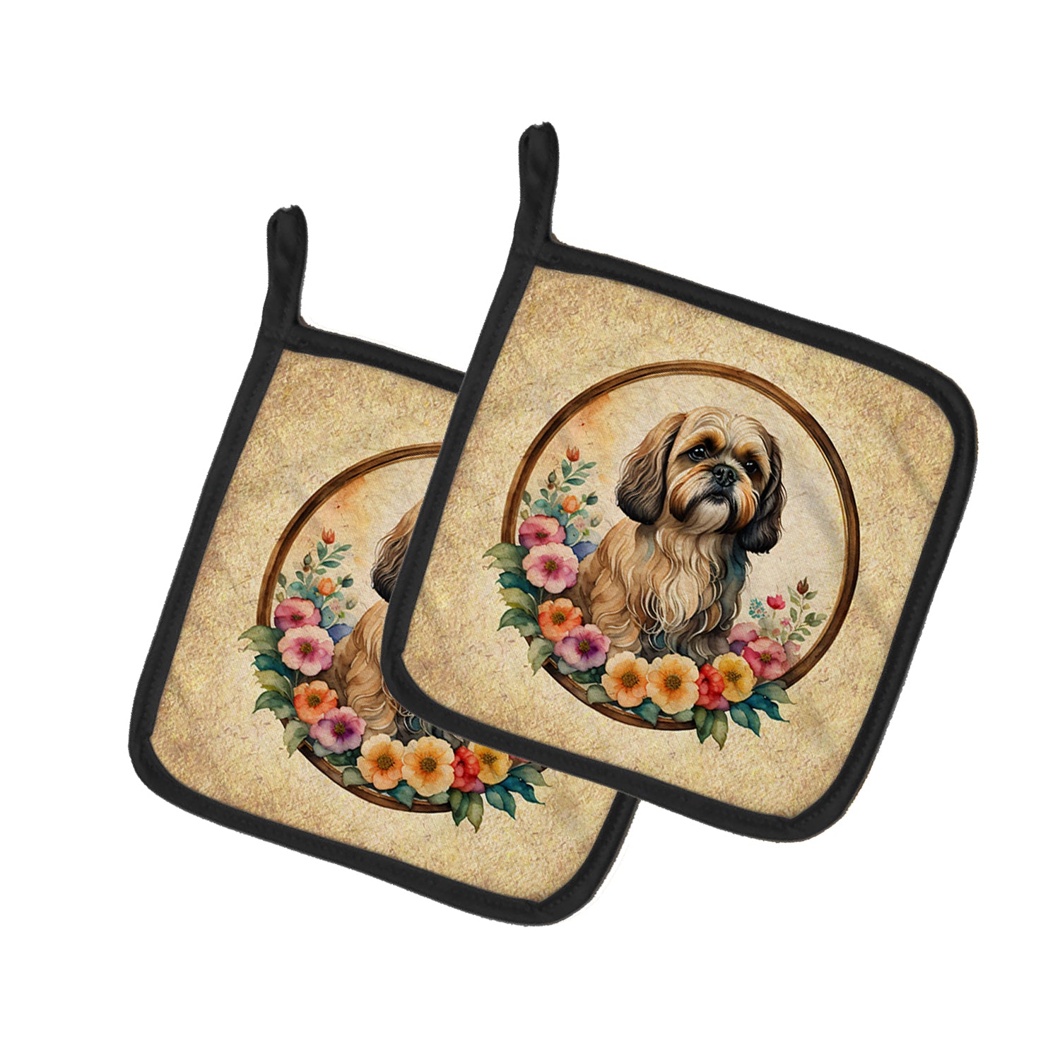 Buy this Lhasa Apso and Flowers Pair of Pot Holders