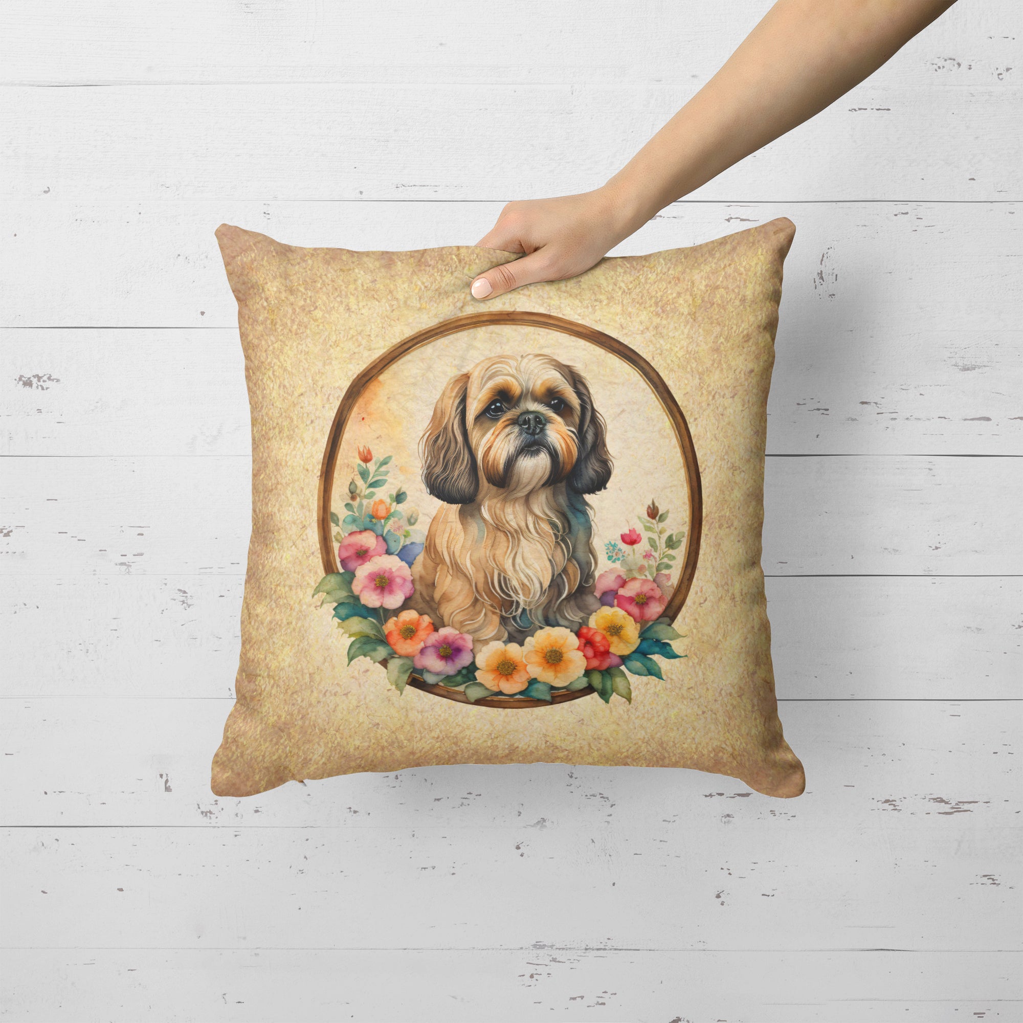 Lhasa Apso and Flowers Fabric Decorative Pillow