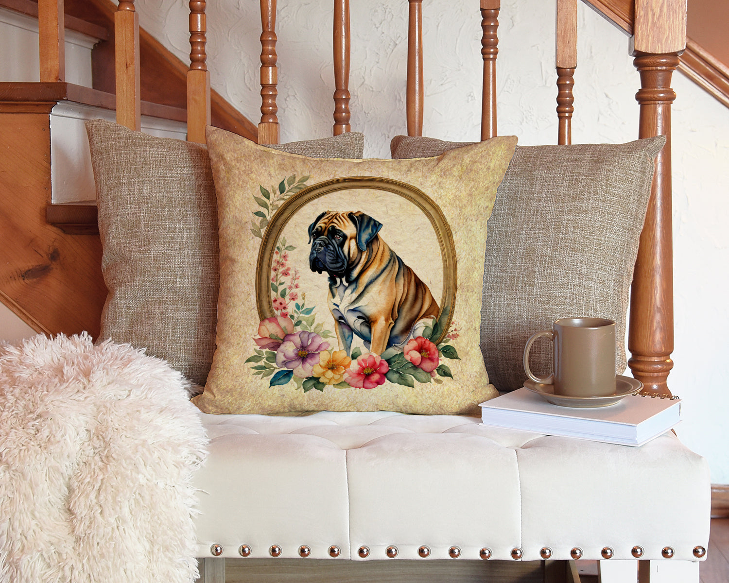 Mastiff and Flowers Fabric Decorative Pillow  the-store.com.