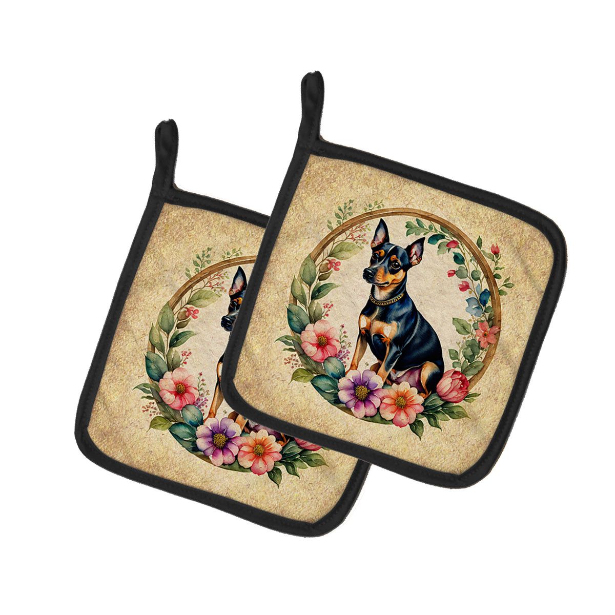 Buy this Miniature Pinscher and Flowers Pair of Pot Holders